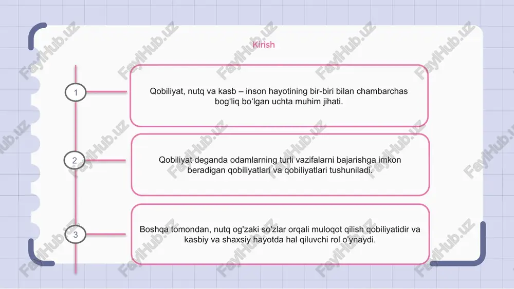 qot qilish imkonini beradi. nutq qobiliyatingizni oshirib, siz umumiy muloqot samaradorligini oshirishingiz mumkin. barcha sohalardagi mutaxassislar aniq va ravshan muloqotga intilishlari kerak. to'g'ri so'zlar, ohang va tana tilidan foydalanish sizning xabaringiz qanday qabul qilinishini sezilarli darajada o'zgartirishi mumkin. nutqning ish imkoniyatlariga ta'siri ish imkoniyatlari haqida gap ketganda, nutq muhim ta'sir ko'rsatadi. aniq va samarali muloqot qobiliyatiga ega bo'lgan odamlar o'z martabalarida muvaffaqiyat qozonish ehtimoli ko'proq. o'zini ifoda etish qobiliyati barcha sohalarda yuqori baholanadi. ish beruvchilar g'oyalarni ifoda eta oladigan, mijozlar va hamkasblar bilan muloqot qila oladigan va samarali taqdimotlar o'tkaza oladigan nomzodlarni qidiradi. savdo, mijozlarga xizmat ko'rsatish yoki o'qituvchilik kabi kasblarda nutq yanada muhimroq rol o'ynaydi. ishtirok etish, ishontirish va muloqot qilish qobiliyati ushbu sohalarda muvaffaqiyatga erishish uchun juda muhimdir. 1 2 3 nutqda nuqsoni bo'lgan shaxslar uchun kasbiy rivojlanish nutqda nuqsoni bo'lgan shaxslar uchun qobiliyat, nutq va kasb bir-biri bilan bog'liq. kasbiy rivojlanish dasturlari ularning muloqot ko'nikmalarini oshirishi va …