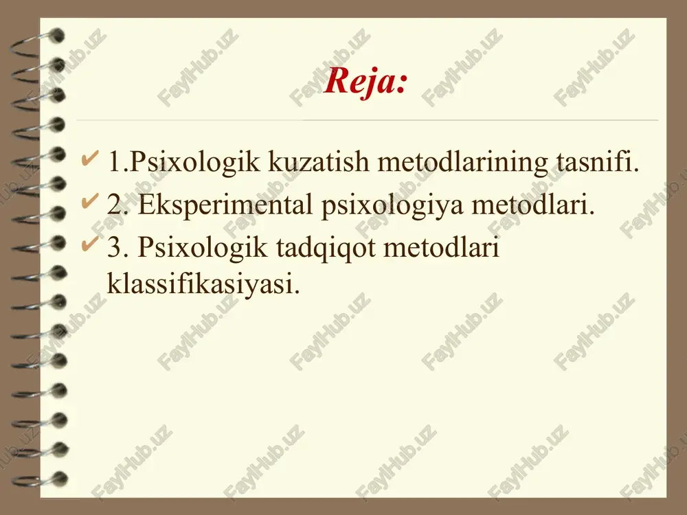 riment, modellashtirish); 2) metodik qo'llanma; 3) metodik yondashuv. s.l.rubinshteyn«umumiy psixologiya asoslari»da eng asosiy psixologik metodlar sifatida kuzatuv va eksperimentni ajratib ko'rsatdi. kuzatuv «tashqi» va «ichki»ga bo'lingan, eksperiment-laboratoriya ishi, tabiiy va psixologik-pedagogik, qo'shimcha metod uning asosiy modifikatsiyasida fiziologik eksperiment.bundan tashqari, faoliyat mahsulini o‘rganishda suhbat va anketa usullarini ajratib o'tdi. tabiiyki, vaqt bu tasnifning qirralarini ta’kidladi. shunday qilib, psixologiyaning falsafa bilan bog’liqligi uni nazariy metodlaridan mahrum qildi, xuddi shunday yaqinlik pedagogika va fiziologiya bilan bu fanlarning psixologik ro‘yxatga qo‘shilishi bilan amalga oshirildi. psixologik tekshiruvlaming keng ko’lamdagi ikkinchi tasnifi-bolgar psixologi g.d. pirov tuzgan. u mustaqil metodlar sifatida taklif qilgan kuzatuv, eksperiment, modellashtirish,psixologik xarakteristikani, yordamchi metodlar maxsus metodik yondashuvlarni ta’kidlab o‘tdi. shu metodlarning har biri bir qancha turlarga bo’linadi.shunday qilib, masalan, kuzatish (aloqador) anketalar, so‘rovnomalar, faoliyat mahsullarini o‘rganish va boshqalarga bolinadi. b. g. ananev g.d.pirov klassifikatsiyasini tanqid ostiga olib, boshqasini taklif etdi. u mavjud barcha metodlami: 1) tashkiliy; 2) empirik; 3) ma’lumotlarni qayta ishlash …
