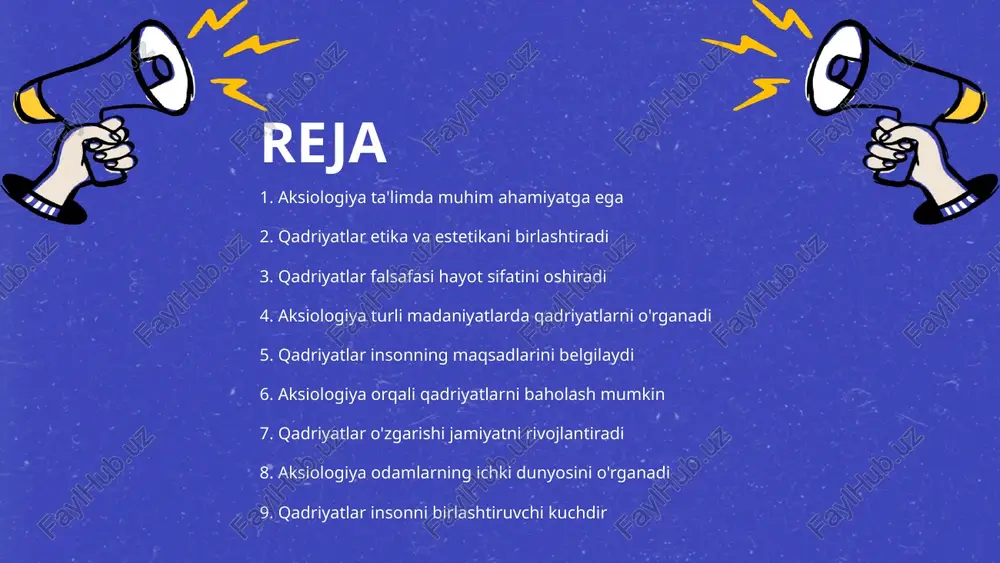 malga oshiriladi, bu esa odamlarni ruhiy va jismoniy jihatdan rivojlantiradi. iqtsodiy manfaatlar - qadriyatlar ijtimoiy va iqtisodiy munosabatlarni mustahkamlab, barqaror taraqqiyotga olib keladi. umumiy natijalar - qadriyatlar falsafasi inson hayotini boyitadi va jamiyatda farovonlikni ta'minlaydi. aksiologiya turli madaniyatlarda qadriyatlarni o'rganadi aksiologiyaning maqsadi - aksiologiya qadriyatlarni o'rganish orqali insoniyatning ahamiyatini tushunishga yordam beradi. qadriyatlar va madaniyat - har bir madaniyatning o'ziga xos qadriyatlari bor. ular ijtimoiy xulq-atvor va hayot tarzini belgilaydi. kultura o'zgarishi - qadriyatlar zamon o‘tishi bilan o'zgaradi, yangi madaniyatalslar bilan integratsiya qiladi. aksiologiyaning roli - aksiologiya muhim qarorlar qabul qilishda va ijtimoiy muammolarni hal qilishda foydali ilmiy asos yaratadi. qadriyatlar insonning maqsadlarini belgilaydi qadriyatlar tushunchasi - qadriyatlar insonlarning hayotidagi muhim tushunchalardir. ular odamlarning fikrlash tarzini va qabul qilingan qarorlarni belgilaydi. maqsadlar va qadriyatlar - maqsadlar qadriyatlar asosida shakllanadi. inson personal va ijtimoiy maqsadlarini o'z qadriyatlariga mos ravishda belgilaydi. qadriyatlar va jamiyat - jamiyatdagi qadriyatlar umumiy maqsadlarni yuzaga keltiradi. ular …