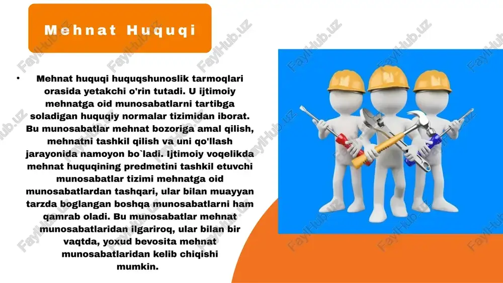 nosabatlarning huquqiy jihatdan tartibga solishda halqaro huquqiy normalar, shuningdek, davlatlararo shartnomalar qoidalarining qo'llanishi nazarda tutilgan 1 03 04 mehnat huquqining uslubi va vazifalari mehnat huquqi tizimi deganda, mehnat huquqi normalarining ilmiy jihatdan asoslangan tarzda joylashish tartibi va klassifikatsiyasi tushuniladi. bu tizim ikki qismga: umumiy va maxsus qismga bulinadi. umumiy qismda mehnat huquqi tushunchasi va predmeti, usullari, asosiy vazifalari, asosiy manba va tamoyillari, mehnat huquqining sub'ektlari, mehnatga oid huquqiy munosabatlar, xodimlar va ish beruvchilarning vakilligi, jamoa shartnomasi va kelishuvlari kabi institutlarga taalluqli huquqiy nomalar o`rganiladi. maxsus qismda esa, mehnatga oid munosabatlarning alohida jihatlarini boshqaruvchi yoki ular bilan bogliq bo`lgan ijtimoiy munosabatlarning ayrim turlarini tartibga solish jarayonida paydo bo`lgan institutlar va o`ziga xos huquqiy normalar o`rganiladi aholini ishga joylashtirish; mehnat shartnomasi (kontrakt); ish vaqti; dam olish vaqti; mehnatga haq to'lash kafolatli to'lovlar va kompensatsiya to`lovlari; mehnat shartnomasi taraflarining moddiy javobgarligi; mehnat intizomi; mehnat muxofazasi; ayrim toifadagi xodimlarga beriladigan qo'shimcha kafolat va imtiyozlar; …