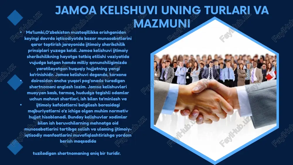 vni tuzish vaqtida taraf sifatida ijrochi hokimiyat organi ham ishtirok etishi mumkin. kasaba uyushmasi, xodimlarning boshqa vakillik organlari ish beruvchilar yoki ish beruvchining vakili bo'lmagan ijrochi hokimiyat organidan ular bilan ikki taraflama kelishuv tuzishni talab etishga haqli emas (mkning 47- moddasi). qoidaga ko'ra, bosh kelishuv o'zbekiston kasaba uyushmalari federatsiyasi kengashi (xodimlaming boshqa vakillik organlari) va ish beruvchilarning respublika miqyosidagi birlashmalari o'rtasida tuziladi. taraflarning kelishuviga ko'ra, o'zbekiston respublikasi hukumati bilan ham bosh kelishuv tuzilishi mumkin. bosh kelishuv o'zbekiston respublikasida ijtimoiy-iqtisodiy munosabatlar xususida kelishib siyosat olib borishning umumiy prinsiplarini belgilab beradi. ma'lumki, bosh jamoa kelishuvi ish beruvchilar birlashmasi (uyush-masi) bilan tuzilishi kerak. faqat taraflarning taklifi bilangina hukumat bu hujjatga jalb. qilinishi mumkin. boshqacha qilib aytganda, bosh kelishuv uchta tarafning kelishuvidir. shu bois, bugungi bosqichda birdan-bir to'g'ri yo'l tarmoq kelishuvlarini köchaytirishdir. shuning uchun o'zbekiston respublikasi kasaba uyushmalarining harakat dasturida ish beruvchilarning respublika birlashmasini tashkil etish, ijtimoiy sherikchilikning qonuniy asosini takomillashtirish va mustahkamlash kabi …
