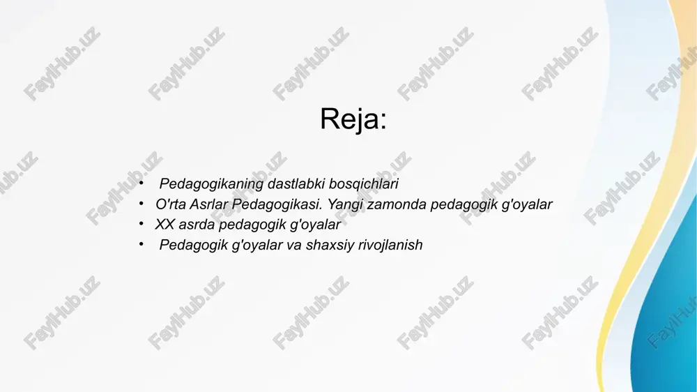 oli faqat bilim beruvchi sifatida emas, balki o'quvchining shaxsiy rivojlanishiga yordam beruvchi, ularni rag'batlantiruvchi va motivatsiya qiluvchi sifatida ko'riladi. o'qitishning ma'naviy-axloqiy jihatlari: pedagogik g'oyalar o'qitishda ma'naviy va axloqiy tarbiyani muhim jihat sifatida ko'radi. bu o'qitish jarayonida nafaqat bilim, balki yuksak axloqiy qadriyatlarni, ijtimoiy mas'uliyatni, hurmatni, adolatni va to'g'ri xulq-atvorni shakllantirishga e'tibor beradi. pedagogikaning dastlabki bosqichlari antik davr: pedagogik g'oyalar g'arb va sharqdagi qadimiy sivilizatsiyalarda shakllana boshlagan. qadimgi yunoniston va rimda: sokrat, platon va aristotel ta'lim haqida o'z g'oyalarini ilgari surgan. sharqdagi pedagogik g'oyalar: confutsiy, al-farobiy kabi shaxslarning ta'lim haqidagi g'oyalari. antik davr: pedagogik g'oyalar shakllanishi pedagogika, ayniqsa, antik davrda, ya'ni qadimiy g'arb va sharq sivilizatsiyalarida o'z ifodasini topdi. bu davrda ta'lim faqat bilim olish bilan cheklanmagan, balki shaxsiy va axloqiy rivojlanish, jamiyatga moslashish kabi muhim masalalarni ham o'z ichiga olgan. pedagogik g'oyalar ilm-fan, falsafa, va axloqiy ta'lim bilan chambarchas bog'langan edi. qadimgi yunoniston va rimda: sokrat, platon va aristotel qadimgi …