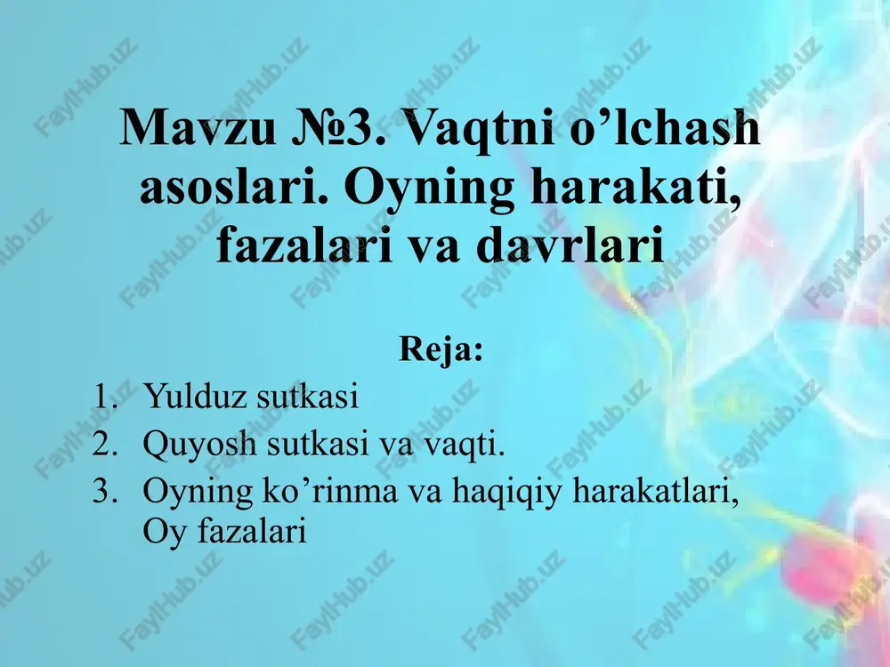 vaqtidan boshlanadi poyas vaqti. yer sharida cheksiz ko‘p meridian o‘tkazish mumkin bo‘lib, ularga te- gishli mahalliy vaqtlar ham cheksiz ko‘p bo‘ladi. shuning uchun ham amalda mahalliy vaqtdan foydalanib bo‘lmaydi. shu boisdan, xalqaro kelishuvga muvofiq, yer shari 24 ta poyasga bo‘lingan quyosh kalendari. uzoq muddatni vaqtning o‘lchamlari (sutka – kun, hafta, oy va yillar) bo‘yicha sistemaga solish kalendar deyiladi. kalendar tuzishda oy fazalarining almashinish davri yoki yil fasllarining almashinish davri (tropik yil) asos qilib olinadi. oy fazalarining almashinish davri (29,53 sutka) asos qilib olingan taqvimlar oy kalendarlari, yil fasllarining almashinish davri asos qilib olinganlari esa quyosh kalendarlari deb yuritiladi. oyning harakati, fazalari va davrlari oyning yer atrofida aylanish yo‘nalishi yulduzlarning yer atrofidagi ko‘rinma aylanishiga qarama-qarshi bo‘lib, u g‘arbdan sharqqa (ya’ni yerning o‘z o‘qi atrofida aylanish yo‘nalishi bilan bir xil yo‘nalishda) harakat qiladi. oyning o‘z orbitasi bo‘ylab harakat tezligi sekundiga 1 kilometrni tashkil etib, yulduzlarga nisbatan har sutkada taxminan 13º siljib boradi. …