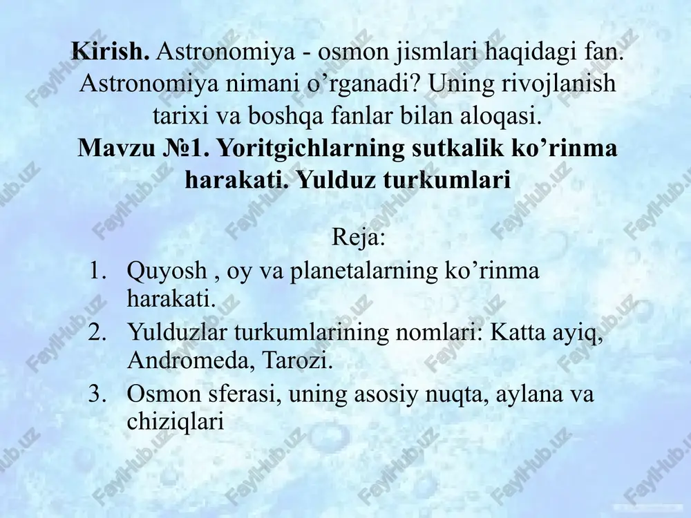 andriyalik eratosfen mil. avv. iii asrda birinchilardan bo‘lib, yer meridiani 1° li yoyining uzunligini va keyinchalik shu asosda planetamizning radiusini o‘lchadi. mashhur yunon olimi va faylasufi gipparx yuzlab yulduzlarning koordinatalarini o‘zida aks ettirgan birinchi yulduzlar katalogini (jadvalini) tuzdi. gipparx bu ta’limotga ko‘ra, o‘sha paytda ma’lum bo‘lgan beshta planeta (merkuriy, venera, mars, yupiter va saturn) yer atrofida episikl deyiluvchi aylanalar bo‘ylab, mazkur episikllarning markazlari esa deferent deyiluvchi katta aylanalar bo‘ylab aylanadi. garchi bu geosentrik nazariya olam tuzilishining haqiqiy manzarasini aks ettirmagan bo‘lsada, biroq u deyarli o‘n besh asr davomida tan olinib kelindi. ix–xv asrlarda yaqin va o‘rta sharq hamda markaziy osiyo mamlakatla- rida yirik astronomik rasadxonalar qurildi. ularda al-battoniy, al-xorazmiy, al-farg‘oniy, abu mahmud xo‘jandiy, abu al-vafo buzjoniy, abdurahmon as-so‘fiy va ibn yunus kabi mashhur ajdodlarimiz faoliyat ko‘rsatdilar. al-xorazmiy ibn yunus astronomiyaning boshqa fanlar bilan aloqasi astronomiya fani boshqa bar- cha fanlar bilan uzviy bog‘langan. astronomiyaning rivojida, ayniqsa, fizika va matematika fanlarining …