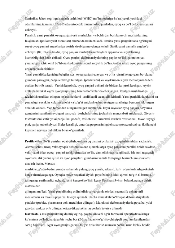 jalik oyoq panjasi osti mushaklari va boldirdan boshlanuvchi mushaklarning falajlanishi (poliomiyelit asoratlari) okdbatida kelib chikadi. raxitik yassi panjalik tana ogʻirligini suyet oyoq panjasi suyaklariga bosish xisobiga maydonga keladi. statik yassi panjalik eng koʻp uchraydi (82,1%) va boldir, oyoq panjasi mushaklarinihboylam apparata va suyaklarning kucheizligidan kelib chikadi. oyoq panjasi deformatsiyalarining paydo boʻlishiga imkoniyat yaratadigan ichki omil boʻlib nasliy-konstitutsional moyillik boʻlsa, tashki sabab oyoq panjasining ortikcha yuklanishidir. yassi panjalikka kuyidagi belgilar xos: oyoq panjasi uzaygan va oʻrta qismi kengaygan, boʻylama gumbazi pasaygan, panja ichkariga buralgan (pronatsion) va kayiksimon suyak medial yuzada teri ostidan boʻrtib turadi. yurish kupolrok, oyoq panjasi uchlari bir-biridan koʻprok kochgan. ayrim xollarda harakat xajmi oyoqpanjasining barcha boʻrimlarida cheklangan. rentgen usuli boshqa tekshirish usulidan olingan koʻrsatkichlarni tasdiklaydi va aniqlik kiritadi. yassi panjalik darajasini va panjadagi suyaklar xolatini yaxshi va toʻgʻri aniqlash uchun rentgen suratlariga bemorni tik turgan xolatida olinadi. yon tomondan olingan rentgen suratlarida kaysi suyaklar oyoq panjasi boʻylama gumbazini …