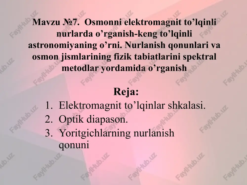 l tekislik teleskoplarning asosiy vazifalari 1.yoritgichdan kelayotgan nurlanishni qayd qilish (ko‘z, fotografik plastinka, fotoelektrik qayd qilgich, spektrograf va hokazolar yordamida). 2.obyektivning fokal tekisligida, kuzatilayotgan yoritgichning yoki ixtiyoriy osmon jismining ravshanlashtirilgan tasvirini yasash. 3. qurollanmagan ko‘z bilan qaralganda, ajratib ko‘rib bo‘lmaydigan, o‘zaro juda kichik yoy masofada joylashgan obyektlarni ajratib ko‘rsatish. dunyodagi eng yirik refraktor obyektivining diametri 1 metrni tashkil etib, u aqshda qurilgan. nisbatan yirik reflektorlardan biri ko‘zgusining diametri 6 m bo‘lib, shimoliy kavkazda o‘rnatilgan . o‘zbekistonda eng yirik refraktor teleskopi (qo‘shaloq astrograf) kitob shahri yaqinidagi sobiq xalqaro kenglik stansiyasida joylashgan. uning obyektivining diametri 40 santimert. qashqadaryo viloyatining qamashi tumani hududida taxminan 3000 metr balandlikdagi maydanak tog‘larida yirik astronomik observatoriya qurilgan bo‘lib, u yerda o‘rnatilgan reflektorning diametri 1,5 metr keladi. spektral analiz ko‘pchilik osmon yoritgichlarining nurlanishlari ular haqidagi fizik ma’lumotlarning manbayi hisoblanadi. ularning nurlanish spektrini o‘rganish orqali yoritgich manbayining miqdoriy tarkibi, temperaturasi, magnit maydoni, qarash chizig‘i yo‘nalishida harakat tezligi (nuriy tezlik) …