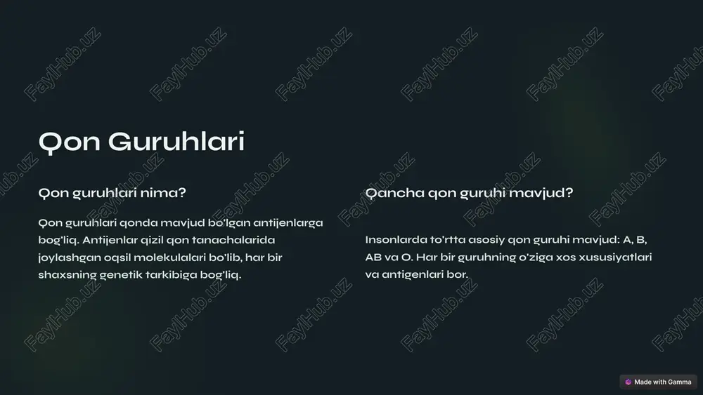 slik qon quyish jarayonida qon guruhlari va rezus faktorlar mos kelishi kerak. tekshiruv qon quyishdan oldin qon guruhlari va rezus faktorlarni tekshirish juda muhim. bu jarayon xatoliklarni oldini olishga yordam beradi. ehtiyot choralari qon quyish jarayonida ehtiyot choralarini ko'rish muhim. masalan, sterillikni saqlash, qon quyish tezligini nazorat qilish va bemorni kuzatish. 7 qon quyish jarayonida ehtiyot choralari 1 tekshiruv 2 sterillik 3 kuzuv 4 tezlik 5 reaktsiyalar qon quyish jarayonida reaksiyalar yuzaga kelishi mumkin. reaksiyalar qon tanachalarining mos kelmasligi yoki boshqa sabablarga bog'liq bo'lishi mumkin. reaksiyalarni aniqlash va ularga o'z vaqtida munosabat bildirish muhim. reaksiyalarni bartaraf etish uchun tez tibbiy yordamga murojaat qilish kerak. 8 qon guruhlari va rezus faktorning belgilari 1 a guruhi a antigeni mavjud. b antikorlariga ega. 2 b guruhi b antigeni mavjud. a antikorlariga ega. 3 ab guruhi a va b antigenlari mavjud. antikorlarga ega emas. 4 o guruhi antigenlar yo'q. a va b antikorlariga ega. …