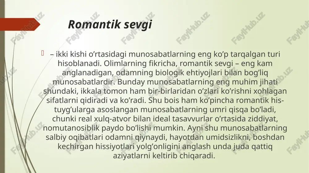 iqlik, yumor hissi, ishonchlilik, dadillik, qizlardagi ibo kabi sifatlar sababchi bo’ladi. bu sifatlar hammaga yoqadigan sifatlar bo’lgani uchun ham yangi tanishlar o’zlarida aynan sherigiga yoqadigan shu sifatlarni namoyon etishga intiladilar. 2. mashg’ullik yoki rom bo’lib qolish. bu bosqichda tanishib ulgurgan yoshlar davomli uchrashuvlar natijasida bir-birlaridagi ijobiy sifatlarni anglab, bir-birlariga ko’nika boshlaydi. faqat e’tibor ijobiy, yaxshi sifatlarga qaratilgani bois sheriklar adashishlari ham mumkin, qolaversa, yangi tanishlar o’zlarini biroz sun’iy tutib, asl qiyofalarini ataylab niqoblashga ham uringanliklari uchun mabodo salbiy sifatlar ham namoyon bo’lib qolgan taqdirda ayrimlar ajrashib ketadilar, ayrimlar esa uchrashuvlarni davom ettiraveradilar. 3. ko’nikish – munosabatlardagi o’ziga xos yangilikning kamayib borishidir. endi boshida o’zgacha joziba kasb etgan tashqi ko’rinish, xusn, qaddi-qomat kabilar odatiydek idrok etilib, hissiyotlar tobora kamayib boradi. 4. kutish – munosabatlarning muayyan bosqichida xayol-fantaziyadagi ideal obraz bilan real, kundalik hayotda tobora namoyon bo’lib borayotgan asl nusxa o’rtasida ayrim ziddiyatlar, qarama-qarshiliklar ko’zga tashlanishi bilan boshlanadi. endi tobora kutishlar tizimida …