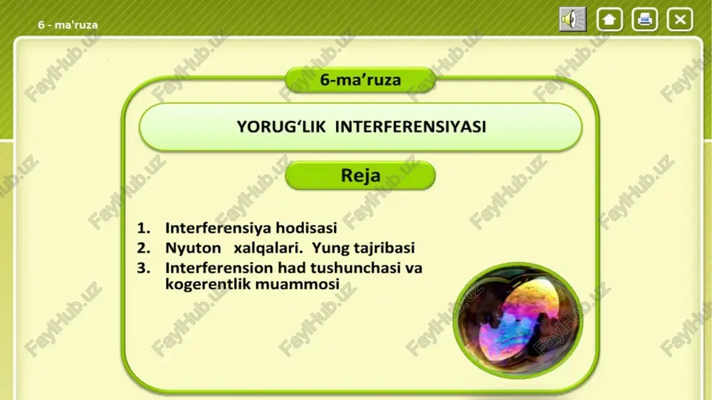 (7) (8) (6) va (8) ifodalardan ko‘rinib turibdiki, nyuton halqalarining radiusi ravishda o‘sib boradi, boshqacha aytganda, markazdan uzoqlashgan sari halqalar bir-biriga zichlashib boradi. nyuton halqalari. nyuton halqalari. agar nyuton halqalarining kuzatuvchi qurilma oq yorug‘lik bilan yoritilsa, halqalar turli ranglarda tovlanadi. odatda, tajribalarda oq yorug‘lik yo‘liga maxsus yorug‘lik filtri o‘rnatilib, tajribalarda halqa radiusi aniqlanadi. agar linzaning egrilik radiusi ma’lum bo‘lsa, yorug‘likning to‘lqin uzunligi o‘lchanadi. aksincha ma’lum to‘lqin uzunlik bilan yoritilib, halqalar radiusini bilgan holda linzaning egrilik radiusi aniqlanadi. nyuton halqalari. 1- yorug‘lik manbayi. manba sifatida drk-2 turdagi simob lampalaridan foydalaniladi. 2- yorug‘lik filtri. 3- yarim shaffof plastinka. 4- yarim qavariq linza va shisha plastinka. 5- mikroskop. nyuton halqalari. nyuton halqalarining kuzatuvchi eng sodda optik qurilmaning sxematik ko‘rinishi keltirilgan. odatda, 4 elementdagi shisha plastinkaning orqa tomoni qoraytiriladi, 2 filtr yorug‘likning yashil spektrini o‘tkazishga mo‘ljallanadi, 5 mikroskop mikrometr bilan ta’minlanadi. nyuton halqalari. yuqorida qayd qilganimizdek, interferensiya hodisalari yorug‘likning to‘lqin tabiatini xarakterlaydi interferensiyaning miqdoriy …