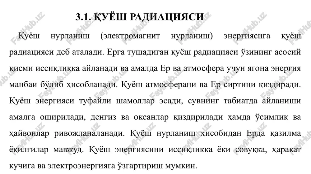 ensivligiga va spektrli tarkibiga atmosferaning ta'sirini ifodalovchi parametr, bu atmosfera (yoki havo) massasi (am). har qanday er yuza sathi va kunning istalgan vaqti uchun atmosfera massasi quyidagi formula bo'yicha aniqlanadi: (1) bu erda: r - atmosfera bosimi, pa; -normal atmosfera bosimi; 3.2-rasmda turli xil sharoitlarda quyosh nurlanish intensivligining spektrli taqsimlanishi ko'rsatilgan. 3.2-rasm: quyosh nurlanish intensivligining spektr bo'yicha taqsimlanishi: 1-spektr am0; 2-absolyut qora jism; 3-spektr am1 4-spektr am2 yuqori egri chizig'i am0 er atmosferaning chegaradan tashqaridagi quyosh spektriga mos keladi (masalan, kosmik kemaning bortida), ya'ni havo massasi nolga teng bo'lganda. u 5800 k temperaturadagi absolyut qora jismning nurlanish intensivligining taksimoti bilan approksimatsiyalanadi. am1 va am2 egri chiziqlar tegishlicha quyosh zenitda va quyosh bilan zenit orasida 60° bo'lgan hollarga mos keladigan er sirtidagi quyosh nurlanishning spekral taksimotini tasvirlaydi. bunda nurlanishning to'la quvvati tegishlicha - 925 va 691 vt/m bo'ladi. er sharoitida am1,5 kattalik eng tavsifli bo'lib hisoblanadi (quyosh gorizotga nibatan 45° ostida). …