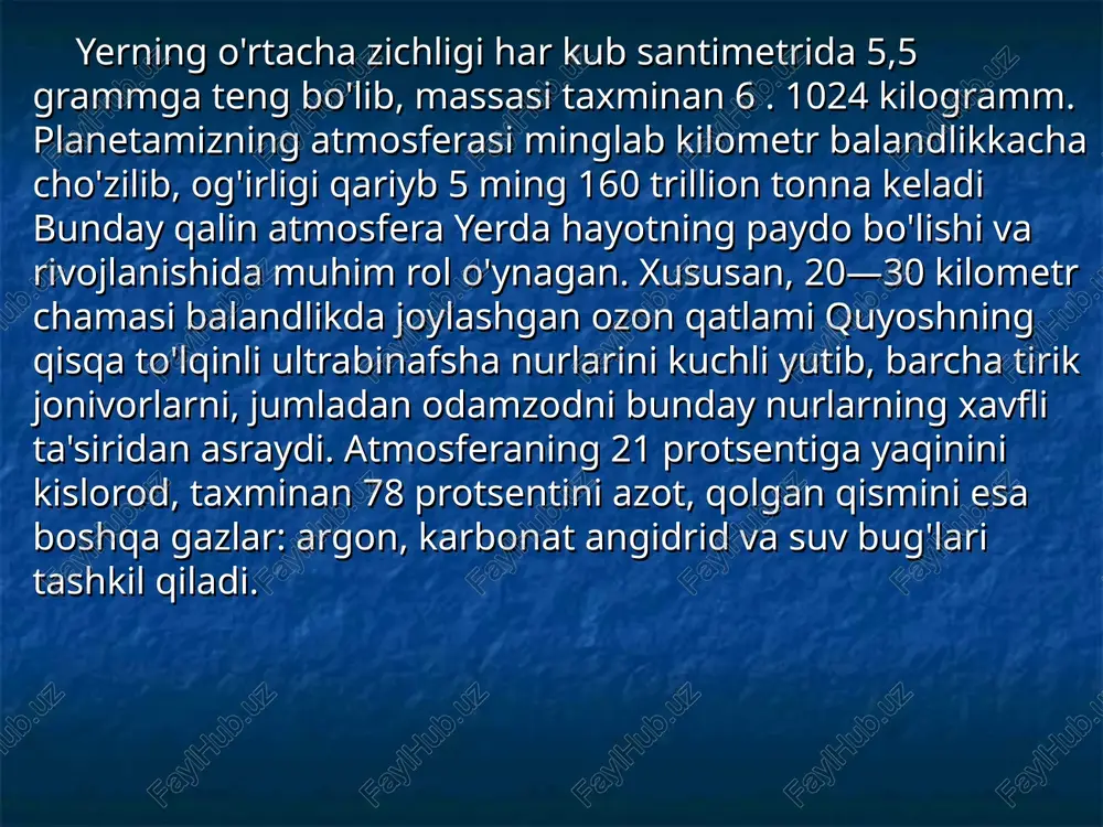 metrga teng. boshqacha aytganda, u yer sirtining qariyb 71% ini tashkil qiladi. quruqlikning o'rtacha balandligi dengiz sathidan 875 metr bo'lgani holda dunyo okeani-ning o'rtacha chuqurligi 3800 metrgacha boradi. 76—rasm. yerning oy sirtida turib olingan rasmi. suv o'zining ajoyib xususiyatlariga ko'ra yerda optimal issiqlik rejimining vujudga kelishida muhim rol o'ynaydi. suvsiz organik hayot yerda vujudga kela olmasdi. suvning qattiq bo'lagi — muz ham planetamizning ancha qismini egallab, asosiy qismi antarktida va grenlandiya quruqliklarini qoplaydi. uning umumiy muz qatlami erisa edi, dunyo okeanining sathi 60 metrga ko'tarilib, quruqlikning yana 10% i suv ostida qolgan bo'lardi. yerning qattiq qatlami litosfera deyilib, bu qismida planeta­mizning asosiy massasi mujassamlashgan. garchi bir qarashda litosfera sirtida turib, uning ichki tuzilishi haqida ma'lumotga ega bo'lish mumkin emasdek tuyulsa-da, aslida planetamizda yer qimirlashlarini tadqiq qilish asosida uning ichki tuzilishi haqida yetarlicha aniq ma'lumotlar olingan. yer qimirlashlari paytida yer sirtining turli nuqtalarida ularni qayd qilish yo'li bilan taxminan 3000 km …