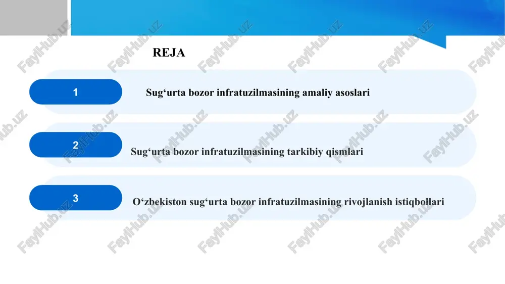 imiz — xalqimiz farovonligini ta’minlash, odamlarimizning ertangi kunga ishonchini mustahkamlashdir.” ana shu yondashuv sug‘urta tizimini yanada rivojlantirish zarurligini ko‘rsatadi. shu sababli sug‘urta infratuzilmasining amaliy asoslarini mustahkamlash, xizmatlar turlarini kengaytirish va ularning samaradorligini oshirish hozirgi davrning dolzarb vazifalaridan biridir. mazkur bobda sug‘urta bozorining tuzilmasi, asosiy ishtirokchilari hamda infratuzilma elementlarining amaliy faoliyati tahlil qilinadi. sug‘urta bozorining rivojlanishida uning infratuzilmasi muhim o‘rin tutadi. ushbu infratuzilma sug‘urta kompaniyalari, brokerlar, agentliklar, qayta sug‘urtalash tashkilotlari, auditorlik va axborot markazlaridan tashkil topadi. har bir tarkibiy qism bozorning barqarorligi, ishonchliligi va raqobatbardoshligini ta’minlashda o‘ziga xos rol o‘ynaydi. sug‘urta infratuzilmasi elementlari o‘zaro uzviy bog‘liq bo‘lib, ular yagona tizim sifatida faoliyat yuritadi. o‘zbekiston sug‘urta bozori so‘nggi yillarda izchil o‘sish bosqichiga kirdi. bozor infratuzilmasini takomillashtirish, yangi texnologiyalarni joriy etish va xorijiy tajribalarni o‘rganish ushbu sohaning kelgusidagi rivojida muhim ahamiyat kasb etadi. sug‘urta tizimining barqaror ishlashi uchun moliyaviy, axborot va huquqiy infratuzilma elementlarini modernizatsiya qilish talab etiladi. raqamli texnologiyalar asosida xizmatlarni kengaytirish, …