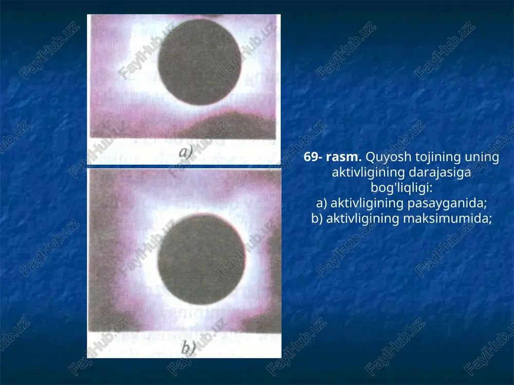 rlarning qutblanish darajasi bu zarrachalar asosan erkin elektronlardan iboratligini tasdiqlaydi. hisoblashlar, quyosh tojida, har kub santimetrga 100 millionga yaqin erkin elektron to'g'ri kelishini ko'rsatadi. quyoshning radiodiapazonda kuchli nurlanadigan qismi uning atmosferasining toj qatlamiga to'g'ri keladi.