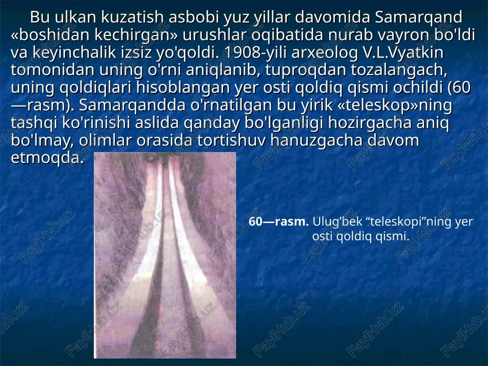 ida ulug'bekdan tashqari o'rta asrlarning eng taniqli astronomlaridan g'iyosiddin jamshid koshiy, qozizoda rumiy, muyiniddin koshiy, all qushchi ishladilar. 1873-yil 11-sentabrda toshkent observatoriyasida astrono-mik kuzatishlar boshlanganligi haqidagi xabar matbuotda e'lon qilindi. u paytda toshkent observatoriyasi toshkent astronomiya va fizika observatoriyasi deyilib, turkiston harbiy okrugining harbiy-topografiya bo'limiga qarardi. o'zbekiston fanlar akademiyasining qarori bilan 1966- yil 1- sentabrdan toshkent astronomiya observatoriyasi o'zbekiston respublikasi fa ning astronomiya instituti deb ataladigan bo'ldi. astronomiya instituti qoshida bir necha quwatli astronomik kuza­tish asboblari birin-ketin ishga tushib, «aniq vaqt xizmati», «quyosh fizikasi», «o'zgaruvchan yulduzlar fizikasi» kabi yirik laboratoriya bo'limlari shakllandi. 1919- yilda o'rta osiyo hududida joylashgan chorjo'y xalqaro kenglik stansiyasi o'z faoliyatini yakunlaganligi munosabati bilan toshkent astronomiya observatoriyasi xalqaro kenglik xizmatini, chorjo'y bilan bir xil parallelda joylashgan kitob (qashqadaryo viloyati) shahrida davom ettirish taklifi bilan chiqdi. o'zbekiston hukumati bu taklifni qo'llab, 1928- yilda kitobdan 2 km narida 39°08' kenglikda xalqaro kenglik stansiyasi qurilishini boshladi. mazkur stansiyada, qisqa vaqt …