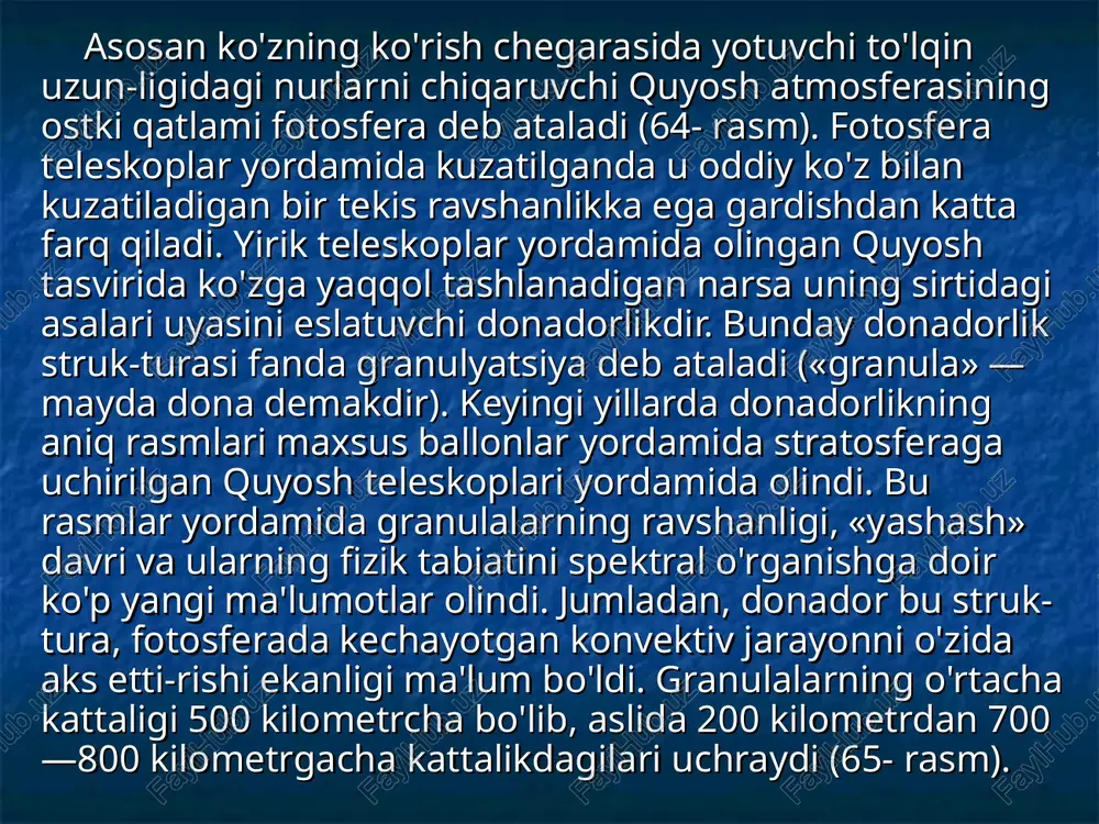 mash'allar egallagan maydon, ko'ndalangiga, bir necha yuz ming kilometr­gacha yetadi, maydoni esa bir necha mln. kv. km ni tashkil etadi. quyosh fotosferasida kuzatiladigan, fizik tabiati jihatidan jum-boqlarga boy obyektlar — dog'lardir (66- rasm). 66-rasm. quyosh dog'lari: a) to'g'ri dog'; b) dog' guruhi. a) b) quyosh dog'lari-ning kattaligi turlicha bo'lib, ularning o'lchami bir necha ming kilometrdan bir necha yuz ming kilometrgacha yetadi. 1858- yilda kuzatilgan quyosh dog'i - eng yirik dog'lardan biri edi. uning diametri 230 ming kilometrga yetib, yer diametridan 19 martacha katta bo'lgan. agar quyosh dog'larining kattaligi 40 ming kilo-metrdan ortiq bo'lsa, bunday dog'larni quyosh botayotganda yoki chiqayotganda uning sirtida oddiy ko'z bilan teleskopsiz yoki boshqa biror kuzatish asbobisiz bemalol ko'rish mumkin. shuning uchun ham ko'pgina qadimiy qo'lyozmalarda quyosh sirtida dog'-lar kuzatilganligi hikoya qilinadi. biroq u davrlarda hech bir kuzatuvchi bu dog'larning bevosita quyoshga tegishli ekanligiga ishon-magan. birinchi bo'lib, 1609- yilda dog'lar quyoshning o'ziga tegishli ekanligini galiley o'zi yasagan …