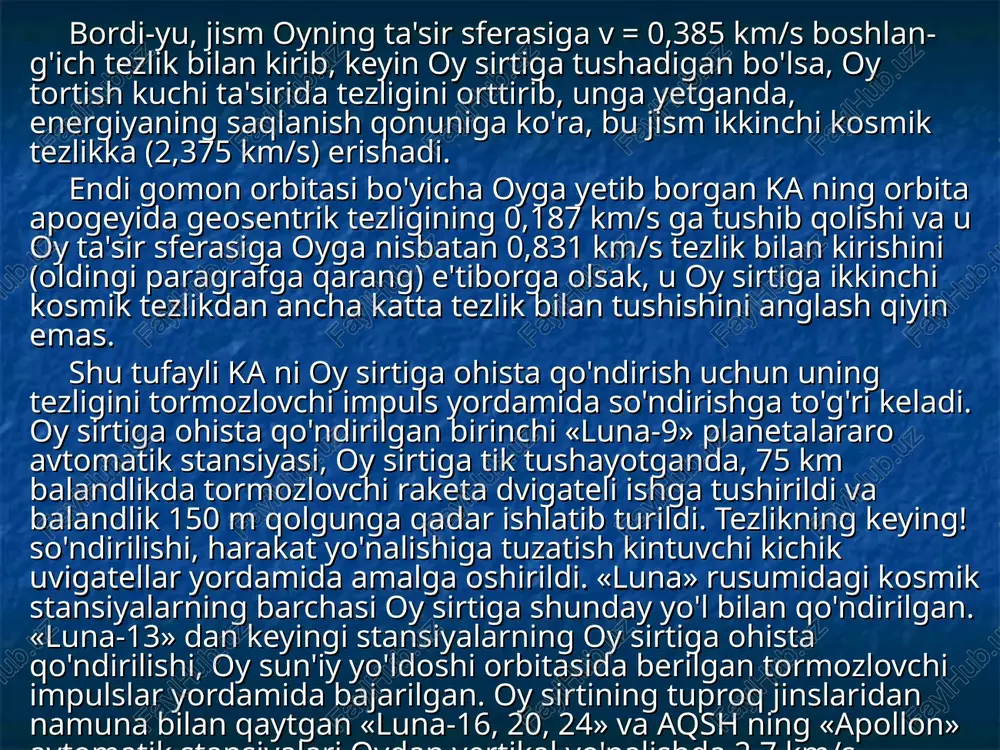 n ko'tarilib yerga qaytdi (49- rasm). 49—rasm. «apollon» ekipajining oy sirtidan namunalar yig’ish payti. s km v r k v oy oy i / 680 , 1 , 1 = = s km v r k v oy oy ii / 375 , 2 , 2 2 = = s km r k v s t par / 385 , 0 2 . . = =