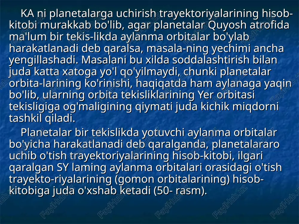 na yupiter ka ga tortish kuchi bilan ta'sir etmaydi deb faraz qilaylik. agar yer orbitasi radiusini 1,0 a.b., yupiternikini 5,2 a.b. deb, yerning orbital tezligini 30 km/s, yupiternikini esa 13 km/s deb olsak, unda gomon orbitasi (yarim ellips) ning katta yarim o'qi ga teng chiqadi. u holda ka ning gomon trayektoriyasining perigeliyida tezligi ( — yer orbitasining radiusi): qiymatga teng bo'ladi. binobarin, yer orbitasidan gomon orbitasiga o'tish uchun talab qilinadigan qo'shimcha tezlik, orbitaning perigeliyidagi tezlik bilan yerning orbital tezligi orasidagi farqqa teng bo'ladi, ya'ni bo'ladi. gomon orbitasi afeliyida (yupiter orbitasiga urinish nuqtasida) ka erishgan tezlik (ryu — yupiter orbitasi radiusi) ga teng bo'ladi. tortish kuchi hisobga olinmagan yupiter, uning orbitasiga yetib mb, unda harakatlanayotgan ka ni ortidan quyidagi tezlik bilan vib kelayotgan bo'ladi: δv = 13,06 - 7,60 - 5,46 km/s. endi, navbatdagi paragrafda, qiziquvchilar uchun, yerning finish kuchi hisobga olingan hoi uchun ka ning yupiterga uchib rish optimal trayektoriyasi …