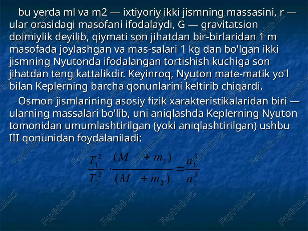 ssalarini, m1 va m2 — mos ravishda, ularning yo'ldoshlarining massalarini, a1 va a2 esa planeta va yer yo'ldoshlari (tabiiy yoki sun'iy) orbitalarining katta yarim o'qlarini ifodalaydi. odatda, planetalar massalariga nisbatan ularning yo'ldoshlari juda kichik bo'lganidan (yer va uning tabiiy yo'ldoshi — oy bundan mustasno), mpl » m1, må » m2 deb yozish mumkin. u holda (2) formula ko'rinishni oladi. quyosh massasini yer massasi birliklarida hisoblash uchun yoki ifodadan foydalaniladi; bu yerda va - quyosh va yer massalarini, va — yerning quyosh atrofida aylanish davri va orbitasining katta yarim o'qini, ts.y. va as.y. lar esa yer sun'iy yo'ldoshining davrini va orbitasining katta yanm o'qini ifodalaydi. 2 2 1 r m m g f = 3 2 3 1 2 1 2 2 2 1 ) ( ) ( a a m m m m t t = + + × 3 2 3 1 2 1 2 0 2 a a …