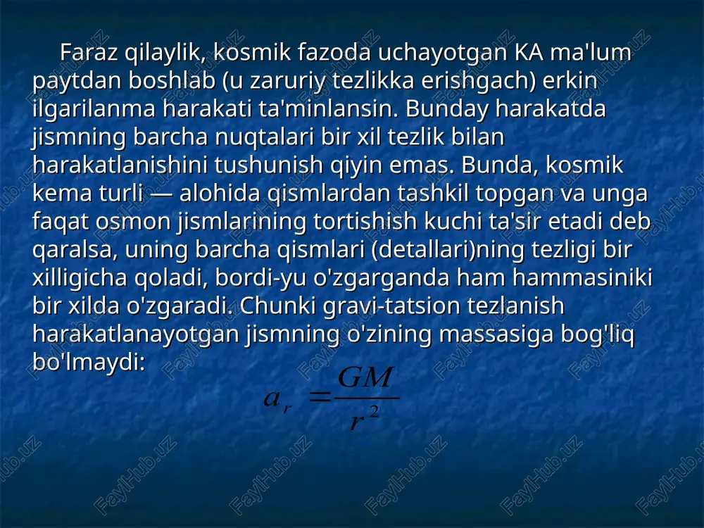 olish yetarli. chunki planetalarning ka ga bergan tezlanishlari quyosh bergan tezlanish oldida arzimas miqdorni tashkil etadi. bordi-yu, biz yer yaqinida harakatlanayotgan ka ning trayektoriyasini o'rganayotgan bo'lsak, quyoshning unga berayotgan tezlanishi quyoshning yerga berayotgan tezlanishiga deyarli teng bo'lganidan, ka faqat yer ta'sirida harakatlanayapti, deb qarash mumkin bo'ladi. chunki bunda quyosh beradigan chetlantiruvchi tezlanish uning ka ga va yerga beradigan hamda o'zaro deyarli bir xil bo'lgan tezlanishlarining farqiga teng bo'lib, u juda kichik bo'ladi. oqibatda ka ning yerga nisbatan harakatiga sezilarli o'zgarish kirita olmaydi. biroq, aynan shu ka ning quyoshga nisbatan harakati o'rganilayotganda, unga yer beradigan tezlanishni albatta hisobga olish zarur bo'lardi. chunki bunda yer beradigan chetlantiruvchi tezlanish — yerning ka ga va quyoshga beradigan tezlanishlarning farqiga teng bo'lib, bu farq quyoshning ka ga beradigan tezlanishi bilan solishtirilganda sezilarli darajada katta miqdorni tashkil etadi. ana shuning uchun ham kosmonavtikada, taxminiy hisob-lashlarda, ka ning harakati faqat bir osmon jismi ta'sirida bo'l-yapti deb faraz …