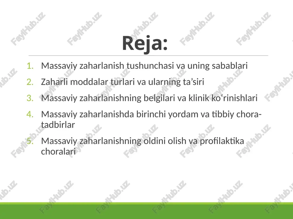 ulotoksin yoki stafilokokk toksini. radiatsion zaharlanish esa yadro avariyalari, atom portlashlari yoki radiaktiv chiqindilarning tarqalishi natijasida vujudga keladi. bu moddalar inson tanasida turlicha ta’sir ko‘rsatadi: nafas olishda qiyinchilik, ko‘ngil aynishi, bosh og‘rishi, yurak urishining buzilishi, hatto o‘limga olib keladigan markaziy asab tizimi falajlanishigacha. ayniqsa bolalar, qariyalar va surunkali kasalliklarga chalingan shaxslar bunday moddalarga juda sezuvchan bo‘ladi. shuning uchun zaharli moddalar bilan ishlashda himoya kiyimlari, respiratorlar va maxsus filtrlardan foydalanish zarur. zaharli moddalar bilan aloqa bo‘lganda esa darhol tibbiy yordam chaqirish lozim. massaviy zaharlanishning belgilari va klinik ko‘rinishlari massaviy zaharlanishda klinik belgilar organizmga kirgan moddaning turiga, miqdoriga va ta’sir vaqtiga bog‘liq bo‘ladi. eng ko‘p uchraydigan alomatlarga bosh og‘rishi, ko‘ngil aynishi, qusish, holsizlik, nafas qisishi, yurak urishining tezlashuvi, terining oqarishi yoki ko‘karishi kiradi. ba’zi hollarda hushdan ketish, tutqanoq yoki asab tizimi faoliyatining buzilishi kuzatiladi. agar zaharlanish gazli moddalardan bo‘lsa, odamda nafas olishda og‘riq, yo‘tal, ko‘z yosh oqishi va ko‘rish qobiliyatining pasayishi sodir …