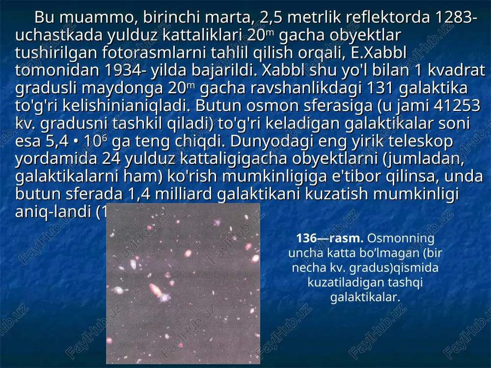 ayni paytda shu xildagi 4000 ga yaqin galaktikalarning mahalliy to'dasi ma'lum. bunday to'dalarning o'rtacha diametri 8 mpk atrofida. yirik galaktik to'dalardan bid veronika sochlari yulduz turkumida proyeksiyalanib, salkam 40000 ga yaqin galaktikani o'z ichiga oladi. u bizdan 70 mpk masofada joylashib, diametri 12° gacha cho'zilgan. bizning mahalliy to'damizga eng yaqin galaktik to'da 12 mpk masofada bo'lib, u sunbula yulduz turku-miga proyeksiyalanadl unda yettita gigant galaktika (ulardan biri «sunbula a» radiogalaktikasi) va o'nta gigant spiral galaktika kuzatiladi. bu gigant galaktikalar bir necha mahalliy galaktikalar to'dasini (jumladan, bizning mahalliy to'damizni ham) o'z ichiga olgan o 'tagalaktikaning quyulmasi bo'lishi ham mumkin degan taxmin bor. bunday o'tagalaktikaning diametri 40 mpk bilan baho-lanadi. bugunga kelib astronomlar, quwatli teleskoplar yordamida, shunga o'xshash, har biri o'nlab mahalliy galaktik to'dani o'z ichiga olgan 50 ga yaqin o'tagalaktikani ro'yxatga olganlar. kosmologiya — koinotni bir butun deb qarab, uning xusu-siyatlarini va rivojlanishini o'rganadigan fandir. kosmologiyaning maqsadi, koinotning metagalaktika deb nom …