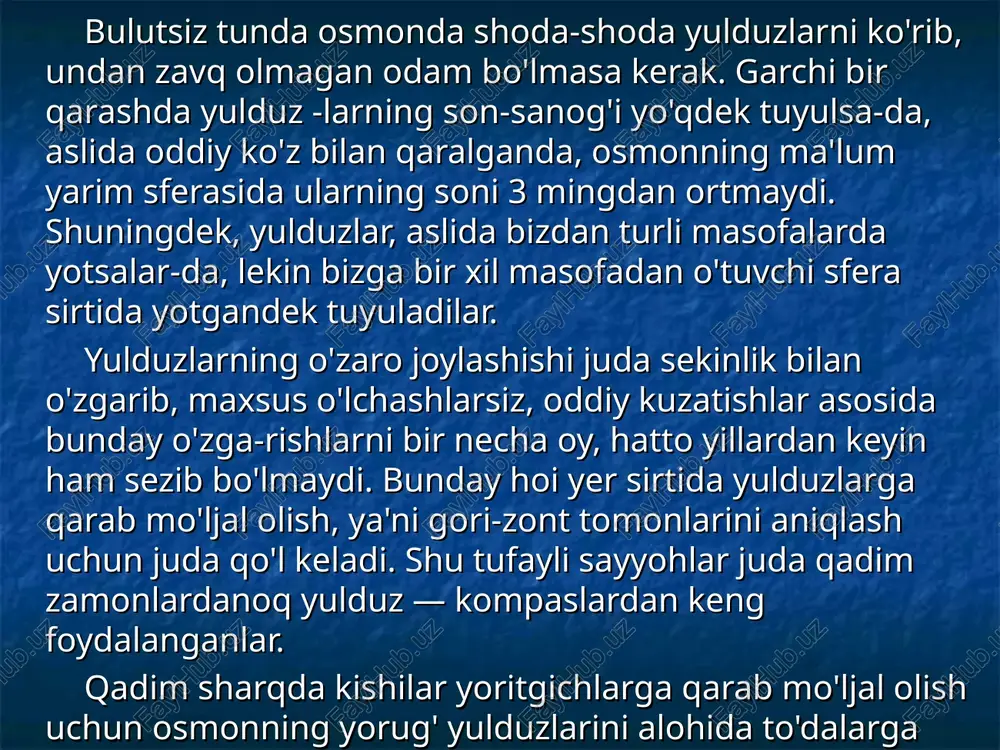 oshlandi. keyinchalik bulardan xiraroq yulduzlarni tartib bo'yicha raqamlar bilan (1, 2, 3 va hokazo) nomerlash odat qilib kiritildi va hozirgi paytda, u asosan juda xira yulduzlar uchungina ishlatiladi. 1922- yilda yulduz turkumlarini chegaralovchi egri chiziqlar to'g'ri chiziqlar bilan almashtirilib, ayrim katta maydonli yulduz turkumlari bir necha yulduz turkumlariga ajratildi. bugungi kunda osmon sferasi 88 ta qismga, ya'ni yulduz turkumiga bo'lingan. ma'lum yulduz turkumiga kiruvchi bir necha yorug' yulduzlar shu turkumga yoki ba'zan qo'shni yulduz turkumiga kiruvchi xira yulduzlarni topishda yaxshi mo'ljal bo'lib xizmat qiladi. osmonda ma'lum yulduz turkumini yoki yulduzni topish ucliun, dastlab yulduz xaritalari va atlaslari bilan yaxshi tanishmoq va so'ngra ular yordamida ancha mashq qilmoq zarur bo'ladi. ayniqsa, osmonning surilma xaritasidan foydalanishni o'rgangan kishi uchun osmonda ma'lum yulduz yoki yulduz turkumini topish, uning chiqish va botish vaqtlarini taxminiy belgilash ortiqcha qiyinlik tug'dirmaydi. agar tunda ma'lum bir joydan turib yulduzlar bir necha soat davomida tinimsiz kuzatilsa, butun osmon sferasining …