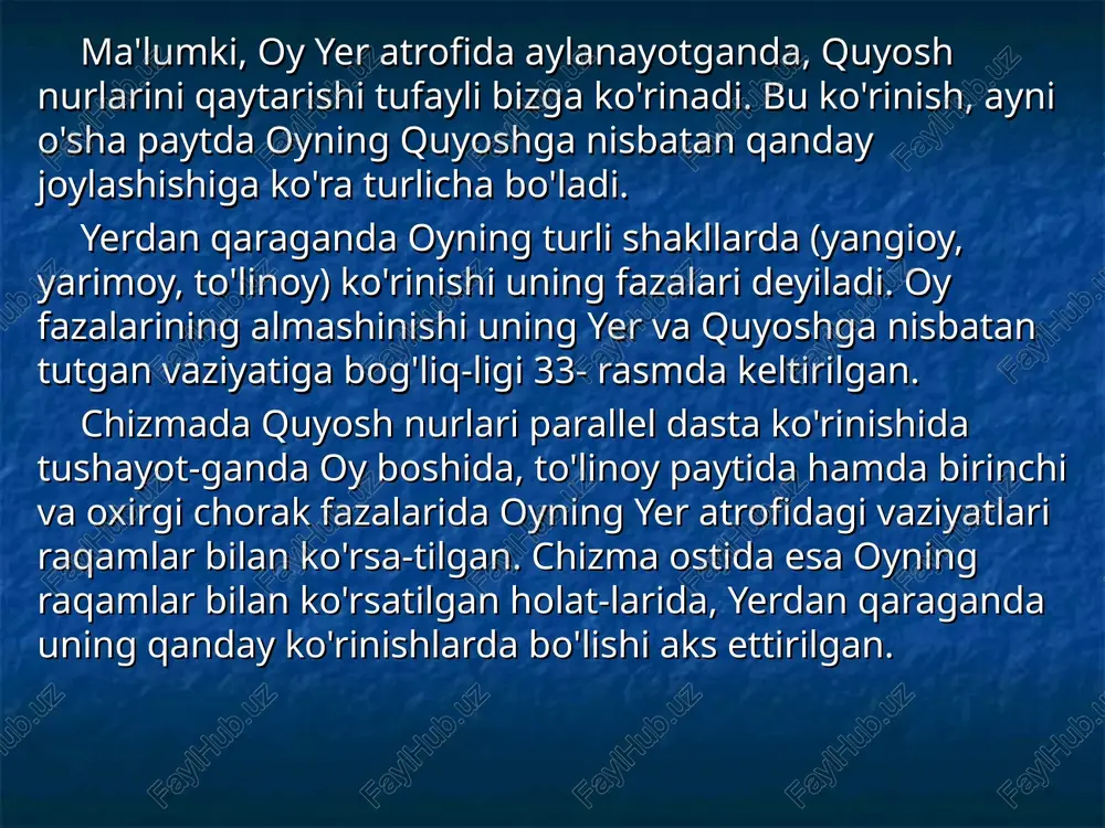 di, biroq uning bu yoritilgan yarim sferasi yerdan butunlay ko'rinmasligi (yangioyda - 1-holatda) yoki to'la ko'ri­nishi (to'linoyda — 5-holatda), yoki qisman ko'rinishi (boshqa holatlarda) mumkin ekan. oyning ma'lum fazasidan (masalan, to'linoy fazasidan) ikki marta ketma-ket o'tishi orasidagi vaqt 29,53 sutkani tashkil etadi va u oyning sinodik davri deyiladi. sinodik davrning oyning yulduzlarga nisbatan aylanish davridan (siderik davr) uzunligiga sabab yerning quyosh atrofida aylanishidir. quyosh botgach, oyning ingichka o'roq shaklida g'arb tomon-da birinchi ko'rinishi, xalq tilida, yangioy (yoki hilol) deyilib, bunday oy odatda oy boshidan keyin ikkinchi kuni ko'rinadi. bunday holatda oyning quyosh bilan yoritilmagan qismi ham xira kulrang shaklda ko'zga tashlanadi. oyning quyosh bilan yoritilmagan qismining bunday xira ko'rinishi yerdan qaytgan quyosh nurlari bilan uning yoritilganligi tufayli sodir bo'ladi. 1. quyosh tutilishi. oy yerning atrofida aylanayotib, ba'zan quyoshni bizdan to'sib o'tadi (34- rasm). bunday hoi quyosh tutilishi deyiladi. bu hodisa har doim oyning yangioy holatida ro'y beradi. 34—rasm. quyosh tutilishi …