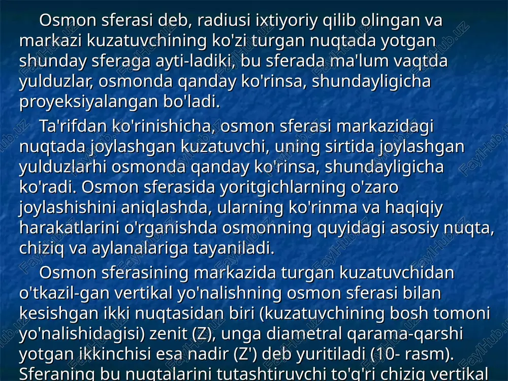 r kuzatuvchining yer sirtidagi o'z o'rnini o'z-gartirishiga bog'liq ravishda o'zgarib turadi. osmon sferasining, yer shari-ning asosiy chiziq va nuqtalari bilan bog'liq bo'lgan shunday nuqta va chi-ziqlari mavjudki, ular yerning istalgan joyidan kuzatilganda ham o'z holatlarini o'zgartirmaydi. olam qutblari, olam o'qi, osmon ekvatori ana shunday nuqta, chiziq va aylanalardan hisoblanadi. 10-rasm. osmon sferasining asosiy nuqta, chiziq va aylanalari. yer o'qi davomlarining osmon sferasi bilan kesishgan nuqtalari olam qutblari deyiladi. yer shimoliy qutbi davomining os­mon sferasi bilan kesishgan nuqtasi olamning shimoliy qutbi p, janubiy qutbi davomining sfera bilan kesishgan nuqtasi esa olamning janubiy qutbi p' deyiladi. olam qutblarini tutashtiruvchi o'qni olam o'qi deb yuritiladi. osmon sferasini markazidan o'tib, uni olam o'qiga tik tekislik bilan kesishishidan hosil bo'lgan katta aylana osmon ekvatori deyiladi. osmon ekvatori yer ekvatori bilan bir tekislikda yotadi. osmon ekvatori tekisligiga parallel tekisliklar bilan sferani kesishishidan hosil bo'lgan aylanalar sutkalik parallellar deyiladi. olam o'qi orqali o'tuvchi tekisliklar bilan osmon sfera­sini …