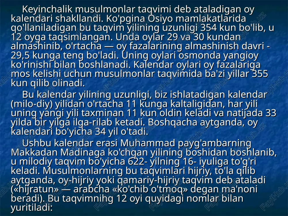 n boshlanib, u milodiy taqvim bo'yicha 622- yilning 16- iyuliga to'g'ri keladi. musulmonlarning bu taqvimlari hijriy, to'la qilib aytganda, oy-hijriy yoki qamariy-hijriy taqvim deb ataladi («hijratun» — arabcha «ko'chib o'tmoq» degan ma'noni beradi). bu taqvimnihg 12 oyi quyidagi nomlar bilan yuritiladi: mazkur taqvim bo'yicha yangi - 1428- yilning 1- muharrami 2007- yilning 20- yanvar shanba kuni kiradi. 2. quyosh kalendari. qadimgi misrda, miloddan oldingi 3000-yillar ilgari birinchi quyosh kalendari paydo bo'lgan. u davrda yil fasllarining almashinish davri 360 kunga teng deb, 12 oy 30 kundan qilib olingan. keyinchalik yil uzunligi 365 kun deb topilib, uning barcha oylari 30 kundan, 12- oyi esa 35 kun qilib ishlatilgan. va, nihoyat, miloddan oldingi iii asrda misrda astronomlar yilning uzunligini 365,25 kunga tengligini aniqladilar. shundan so'ng, eramizdan oldingi i asrda rim sarkardasi yuliy sezar yilining uzunligi 365,25 kunga teng kalendarni astronomlar yordamida tuzib, uni amalda joriy qildi. keyinchalik bu taqvim yuliy sezar sharafiga yulian …
