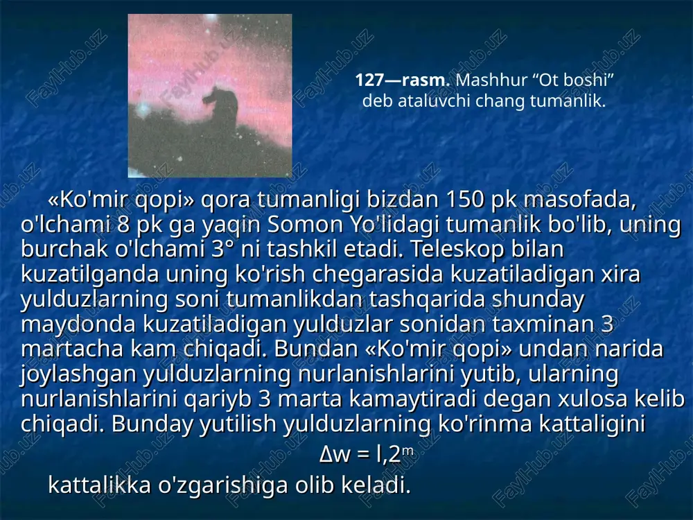 izarishi bilan tasdiqlangan. bu hodisani miqdor jihatidan xarakterlash uchun, yulduzning kuzatilgan rang ko'rsatgichi clk bilan uning spektriga mos rang ko'rsatkichi cls orasidagi farq bilan belgilanadigan rang orttirmasi ce degan tushuncha kiritiladi: ce = clk-cls. aniq bir rangdagi yutilish kattaligi yulduz kattaligining o'zgarishi bilan quyidagicha ifodalanadi: δm = γ ce, bu yerda γ — proporsionallik koeffitsiyentini ifodalab, agar yutilish fotografik yulduz kattaliklarida ifodalansa, 4 ga yaqin sonni, agar vizual yulduz kattaliklarida ifodalansa, 3 ga yaqin sonni beradi. yulduzning haqiqiy yulduz kattaligi m0 uning kuzatilgan yulduz kattaligi mk orqali quyidagicha topiladi: m0 = mk - δ m = mk - γ ce. quyosh atrofida 1000 pk li masofada joylashgtan yulduzlar uchun rang orttirmasi 0,5m ga teng bo'lib, unga mos dm δw = l,5m, boshqacha aytganda, bu yulduzlarni ko'rinma nurlanishlari yul­duzlararo yutuvchi muhit tomonidan taxminan 4 martacha susaytirilgan bo'lar ekan. gazsimon tumanliklar. tim qorong'i osmonda yulduzlararo gaz hatto qurollanmagan ko'z bilan ham ko'rish …