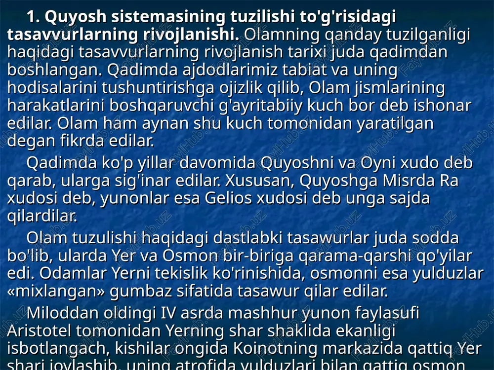 ya bilan almash-tirish ehtiyoji tug'ildi. 21—rasm. ptolemeyning geosentrik sistemasi. 2. olam tuzilishining geliotsen­trik nazariyasi. xvi asrda mashhur polyak astronomi nikolay kopernik (1473-1543) tomonidan ko'p yillik astronomik kuzatishlar asosida olam tuzilishining geliotsentrik naza-riyasi yaratildi. bu nazariyaga ko'ra, olamning markazida quyosh turib, bar-cha planetalar, jumladan, yer, uning atroflda tartib bilan aylanadi (22- rasm). yulduzlar esa ptolemey nazariyasidagi kabi eng oxirgi sferada joylashib, quyoshning atroflda bir-biriga nisbatan qo'z-g'almagan holda aylanadi. kopernik birinchi bo'lib, planetalarning yulduzlar fonidagi sirtmoqsimon harakatlanishlarining sababi, yerning quyosh atroflda boshqa barcha planetalar qatori, aylanishidan ekanligini ko'rsatib berdi (23- rasm). kopernikning olamning tuzilishi haqi-dagi bu nazariyasi geliotsentrik nazariya deb nom oldi. olam tuzilishining geliotsentrik nazariyasi mashhur italiyalik olim, faylasuf jordano bruno (1548-1600) tomonidan rivojlan-tirildi. xususan, u o'z nazariyasida, olam qo'zg'almas yulduzlar 22—rasm. olam tuzilishining geliosentrik sistemesi (markazida—quyosh). sferasi bilan chegaralanmaganligini, yulduzlar quyoshdan turli masofalarda yotuvchi unga o'xshagan obyektlar ekanligini, ularning atroflarida ham quyosh atrofidagi kabi o'z planetalari bo'lishi mumkinligini uqtirdi. keyingi …