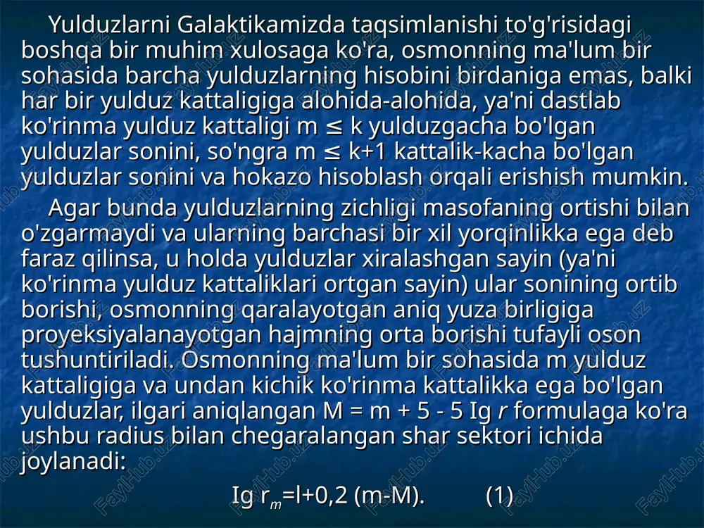 an yulduzlar, ilgari aniqlangan m = m + 5 - 5 ig r formulaga ko'ra ushbu radius bilan chegaralangan shar sektori ichida joylanadi: ig rm=l+0,2 (m-m). (1) barcha yulduzlarning yorqinliklari bir xil deb olganimiz tufayli ularning barchasining absolut yulduz kattaliklari ham bir xil m bo'ladi. unda m + 1 yulduz kattaligiga teng va undan kichik yulduz kattaligiga ega bo'lgan yulduzlar esa rm+1 radiusli shar sektori ichida yotib, u (2) dan topiladi. bu tenglamalardan keyingisidan oldingisini ayirsak, (3) ga erishamiz. yulduzlarning zichligi o'zgarmaganda, yulduzlarning soni ular egallagan hajmning (binobarin radiuslarining) kubiga proporsional bo'lishini e'tiborga olsak, (4) bundan (5) yoki (6) bo'ladi. bu zeyeliger qonuni (yoki teoremasi) deyiladi. biroq, kuza-tishlar, m ortishi bilan yulduzlar soni bu qadar tez ortmasligini ko'rsatadi. xususan, m ning uncha katta bo'lmagan qiymatlari uchun ga yaqin, m = 17 kattalikdagi yulduzlar uchun esa chiqadi. agar barcha yulduzlarning yorqinliklari bir xil deb qaralsa, u holda kuzatiladigan nisbatga ko'ra quyoshdan …