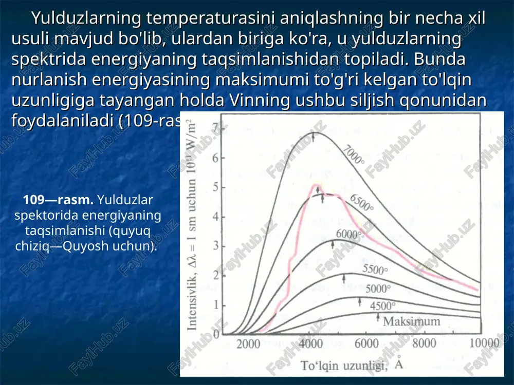 ralar bir necha milliondan o'nlab million gradusgacha (markazida) boradi. quyoshning markazida temperatura 16 million gradusni tashkil etadi. qaynoq yulduzlarda esa u 100 million gradusgacha boradi. ko'pchilik yulduzlar ko'rinma ravshanliklari bilan bir-birlariga o'xshasa-da, aslida tabiatlari bilan bir-biridan keskin farq qilishi aniqlangan. buning sabablaridan biri — ularning turli masofalarda yotishi bo'lsa, ikkinchisi — ularning turli quvvat bilan nurlanishlaridandir. yulduzning nurlanish quvvati uning yorqinligi deyilib, u yulduzdan bir sekundda chiqadigan to'la nurlanish energiyasi bilan xarakterlanadi. yulduzlarning yorqinligi, ko'pincha quyosh yor­qinligi birligida ifodalanadi. quyoshning undan kelayotgan nurlanish energiyasiga ko'ra topilgan yorqinligi 3,8 • 1026 w ni tashkil etadi. ko'rinma yulduz kattaligi mq bo'lgan quyoshni (1 a.b. maso-fada) ma'lum r a.b. masofaga eltgandan keyingi ko'rinma yulduz kattaligi m' ga ortib, ular orasida quyidagicha munosabat mavjud: m' = mq + 5 ig ra.b.. xuddi shunday masofada (ra.b.) joylashgan yulduzning ko'rin­ma yulduz kattaligi m* va quyoshning ko'rinma yulduz kattaligi m' orasidagi farq, yulduz quyoshga nisbatan qancha marta …