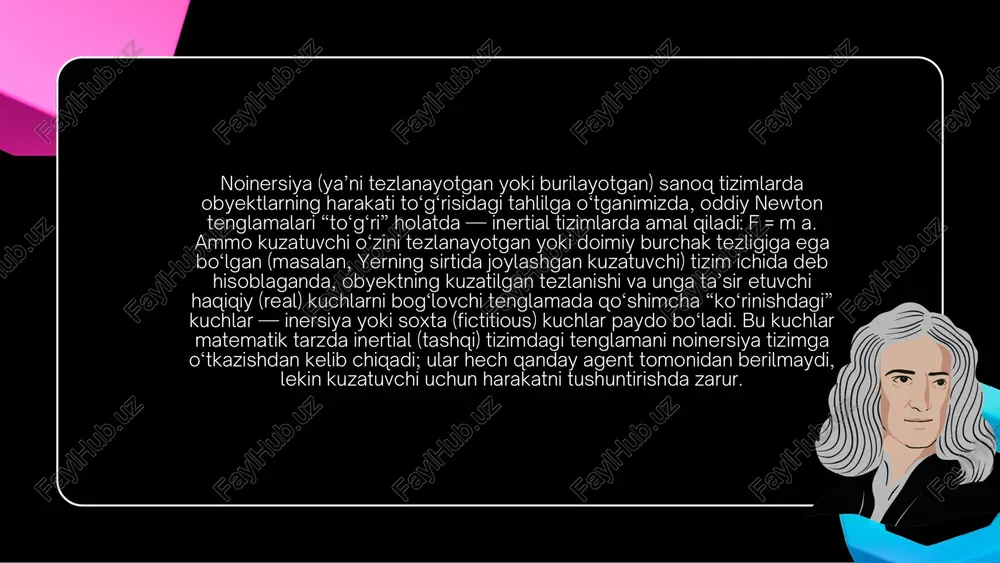 eratsiya qiymati taxminan a_cf ≈ ω^2 r ≈ 0.03388 m/s^2 ga teng — ya’ni yerning tortishish tezlanishi g ≈ 9.81 m/s^2 ga nisbatan taxminan 0.34% kamayish beradi. shu sababli yer sirtida og‘irlikning (apparent weight) ozgina farqlanishi kuzatiladi; ushbu effekt ekvator va qutblar orasidagi og‘irlik farqini bir qismiga tushuntiradi. coriolis kuchi esa 2 m (ω × v_rel) iborasi bilan ifodalanadi va u — harakatga perpendikulyar bo‘lgan “defleksiya” ni keltirib chiqaradi. agar nuqta rotatsion tizimda nisbiy tezlik bilan harakat qilsa, kuzatuvchi uchun uning yo‘li bükilgan ko‘rinadi; bu atmosfera va okean sirkulyatsiyasi, balistik trayektoriyalar, suyuqlik transporti va meteorologiyada muhim amaliy oqibatlarga ega. matematika jihatidan koriyolis parametr (f) oson holda f = 2 ω sin φ (φ — geografik kenglik) tarzida yoziladi; masalan, mintaqaviy modellar va okeanografiyada ko‘pincha f qiymati ishlatiladi. c o r i o l i s raqamli misol keltirish foydali: yerning burchak tezligi ω = 7.292115×10^−5 rad/s bo‘lsa, turli kengliklardagi coriolis …