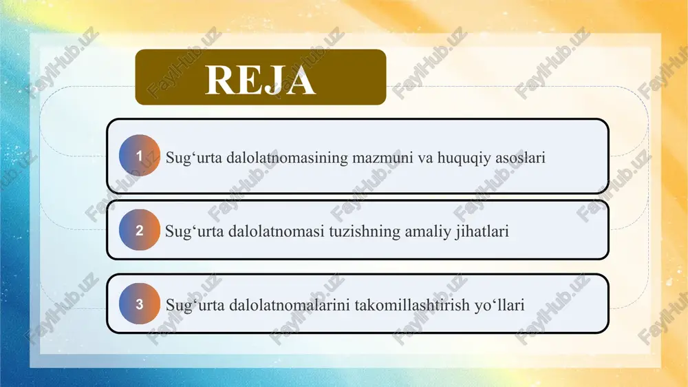 rayonlarini raqamlashtirish dolzarb masalalardan biridir. elektron dalolatnoma tizimi sug‘urta hodisalarini tezkor rasmiylashtirish, inson xatolarini kamaytirish va hujjat aylanishini soddalashtirish imkonini beradi. shuningdek, yagona axborot bazasini yaratish orqali sug‘urtalovchi va nazorat organlari o‘rtasidagi hamkorlikni kuchaytirish mumkin. xalqaro tajriba shuni ko‘rsatadiki, ko‘plab mamlakatlarda mobil ilovalar orqali dalolatnoma shakllantirish amaliyoti joriy etilgan. o‘zbekistonda ham bu tizimni keng qo‘llash sug‘urta xizmatlarining shaffofligi va ishonchliligini oshiradi. produktiv va noproduktiv test 1. sug‘urta bozorining professional ishtirokchilari deganda kimlar tushuniladi? a) sug‘urta kompaniyalari, brokerlar, agentlar, aktuariylar b) faqat sug‘urta kompaniyalari c) faqat mijozlar d) faqat davlat organlari 2. sug‘urta brokerining asosiy vazifasi nima? a) sug‘urta to‘lovlarini amalga oshirish b) mijoz manfaatlarini himoya qilish va mos sug‘urta shartnomasini tanlash c) davlat nazoratini olib borish d) sug‘urta kompaniyasining foydasini oshirish 3. qayta sug‘urta kompaniyalari qanday rol o‘ynaydi? a) sug‘urta hodisasini to‘g‘ridan-to‘g‘ri qoplash b) risklarni taqsimlash va sug‘urta kompaniyalarini himoya qilish c) mijozlar bilan shartnoma tuzish d) faqat maslahat xizmatlari …
