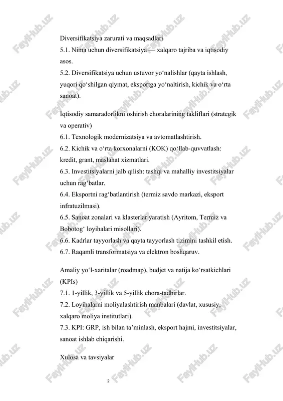 ish bilan ta’minlash, eksport hajmi, investitsiyalar, sanoat ishlab chiqarishi. xulosa va tavsiyalar foydalanilgan adabiyotlar (saytlar va manbalar) ilovalar: jadval va grafiklar, loyiha misollari, namunaviy grant arizasi shabloni, monitoring formasi. kirish o'zbekiston respublikasining barqaror rivojlanishi va iqtisodiy o'sishini ta'minlashda hududlarning sanoat salohiyatini samarali ishlatish muhim ahamiyat kasb etadi. mamlakat janubida joylashgan surxondaryo viloyati o'zining noyob geografik joylashuvi, boy tabiiy resurslari va salohiyatli mehnat kuchi bilan mamlakatimizning yirik sanoat markazlaridan biriga aylanish imkoniyatlariga ega. respublikamizning barqaror rivojlanishi, aholining turmush darajasini oshirish va iqtisodiyotning raqobatbardoshligini ta'minlash hududlarning sanoat salohiyatini samarali ishlatish bilan bevosita bog'liqdir. ayniqsa, surxondaryo viloyatining o'ziga xos geografik joylashuvi, boy tabiiy resurslari va mehnat potentsiali uni mamlakatimizning muhim sanoat markazlaridan biriga aylantirish imkoniyatini yaratadi. hozirgi kunda viloyat sanoat tarmog'ining asosiy qismini yengil sanoat va oziq-ovqat sanoati tashkil etadi¹. biroq, iqtisodiyotni diversifikatsiya qilish va yangi ish o'rinlari yaratish uchun boshqa sanoat tarmoqlarini ham rivojlantirish zaruriyati mavjud. prezident shavkat mirziyoyevning "yangi o'zbekiston" taraqqiyot …