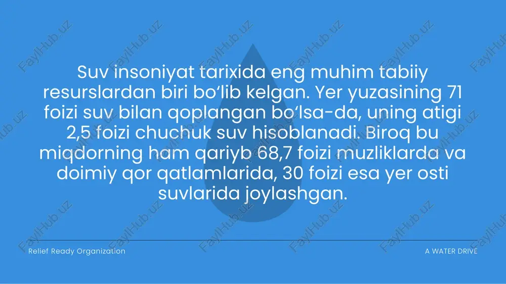 , qon 83 foiz, mushaklar 76 foiz suvdan iborat. kuniga o‘rtacha kattalar organizmi 2–2,5 litr suvga muhtoj, ammo bu suvning sifati ham muhim ahamiyatga ega. xulosa qilib aytganda, suv va minireallar insoniyatning biologik mavjudligi, iqtisodiy taraqqiyoti va global xavfsizligi uchun beqiyos ahamiyatga ega. suv resurslari cheklangan bo‘lsa-da, ulardan oqilona foydalanish, sifatini nazorat qilish va mineral tarkibini muvozanatda saqlash kelajak avlod salomatligi uchun muhim kafolatdir. tarixiy faktlar, zamonaviy ilmiy tadqiqotlar va statistik ma’lumotlar suvni shunchaki tabiiy hodisa emas, balki hayotning asosi sifatida qadrlash zarurligini ko‘rsatmoqda. rahmat!ahmat!