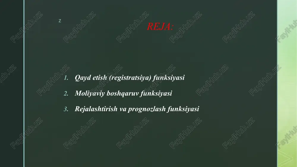 balans hisobi, foyda va zarar hisobi, pul oqimi hisobi. z rejalashtirish va prognozlash funksiyasi kelajakdagi moliyaviy va iqtisodiy faoliyatni rejalashtirish uchun ma’lumotlar tayyorlaydi. buxgalteriya hisobi asosida byudjetlar tuziladi, xarajat va daromadlar prognoz qilinadi. bu funksiya strategik va taktika rejalarni ishlab chiqishda hal qiluvchi ahamiyatga ega. misol: keyingi yil uchun xarajatlar va investitsiya loyihalarini rejalashtirish. z qonuniylik va soliq funksiyasi buxgalteriya hisobi orqali soliq majburiyatlari aniq hisoblanadi. soliq qonunchiligiga rioya qilish, moliyaviy hujjatlarni qonuniy tartibda yuritish ta’minlanadi. misol: soliq deklaratsiyalarini tayyorlash, soliq hisob-kitoblarini nazorat qilish. z ma’lumotni to‘plash va qayd etish funksiyasi buxgalteriya hisobi tashkilotdagi barcha moliyaviy operatsiyalarni, moddiy resurslar harakatini va mehnat resurslarini yozib boradi. bu funksiya hujjatlash jarayoni bilan chambarchas bog‘liq: chek, shartnoma, tovar yetkazib berish aktlari va bank hujjatlari asosida amalga oshiriladi. zamonaviy buxgalteriyada elektron hisob-kitob tizimlari yordamida real vaqt rejimida ma’lumotlarni qayd etish mumkin. amaliy jihat: ish haqi hisoblash, mahsulot sotib olish va sotish operatsiyalarini tizimli yozib …