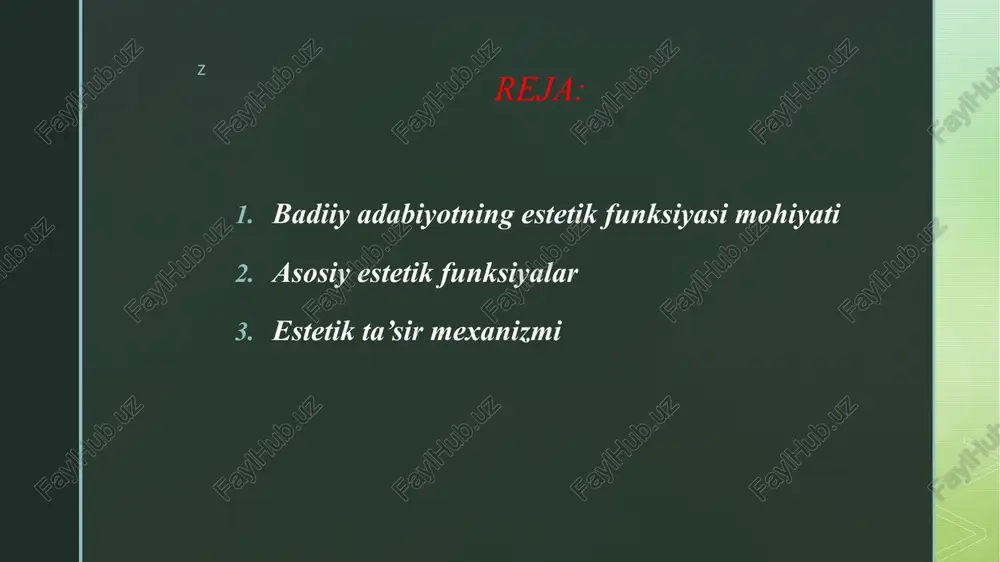 ngi, ritm, metafora, ramz — bularning barchasi estetik energiyaga ega. o‘quvchi asarni o‘qir ekan, u undagi go‘zallikni sezadi, his qiladi va baholaydi. shu jarayonda inson qalbi poklanadi, ruhiy dunyosi kengayadi, didi o‘sadi. z badiiy asarning estetik ta’sir kuchi badiiy asar insonda: go‘zallik tuyg‘usini uyg‘otadi, hayotga ijodiy va ijobiy qarashni shakllantiradi, ruhiy muvozanatni ta’minlaydi, axloqiy fazilatlarni mustahkamlaydi. masalan, cho‘lponning “kecha va kunduz” romani inson ozodligi, muhabbat va fidoyilik g‘oyalarini chuqur estetik shaklda beradi. bu o‘quvchini o‘ylashga, his qilishga, ezgulikka intilishga undaydi. z adabiyotdagi har bir badiiy obraz o‘zida go‘zallik va ma’naviylik uyg‘unligini mujassamlashtiradi. masalan, navoiy asarlarida go‘zallik faqat tashqi qiyofada emas, balki insonning ichki dunyosida, vafodorlik, sadoqat va ezgulikda namoyon bo‘ladi. shu orqali o‘quvchi faqat estetik zavq emas, balki ma’naviy ozuqa ham oladi. z estetik tarbiya vositasi sifatida adabiyot adabiyot yosh avlodda estetik tarbiyaning asosiy manbai hisoblanadi. u orqali inson: go‘zallikni ajrata oladi, xunuklikdan nafratlanadi, ma’naviy va axloqiy qadriyatlarga sodiq bo‘ladi. …