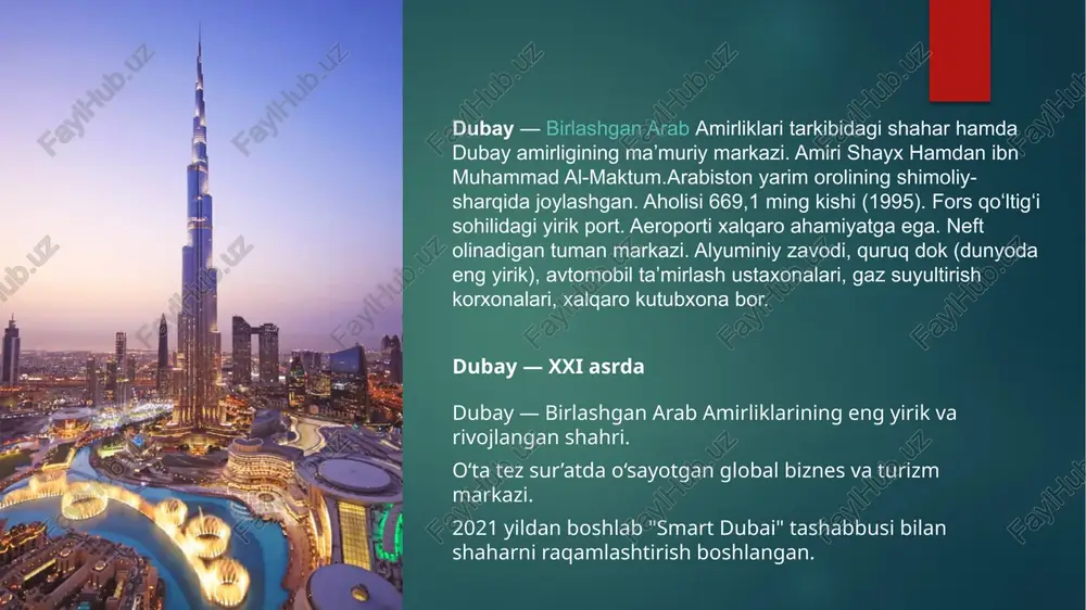 ydi. robo-politsiyachilar va ai yordamida jinoyatchilikka qarshi kurashish. dubai silicon oasis – raqamli texnologiyalar markazi. e-government nima ? e-government (elektron hukumat) – bu davlat xizmatlarini internet, mobil ilovalar va boshqa raqamli texnologiyalar orqali aholiga va tadbirkorlarga yetkazib berish tizimidir. bu orqali xizmatlar: tez, qulay, shaffof, xatolardan holi bo‘ladi. dubayda e-government rivoji dubay e-government loyihasi 2000-yilda boshlangan. 2013-yildan boshlab smart dubai government sifatida kengaytirildi. maqsad – "birgina tugma bosish orqali barcha xizmatlar" tamoyiliga erishish. foyda tavsifi ⏱️ tezlik xizmatlar internet orqali tez ko‘rsatiladi. 💡 qulaylik navbat, qog‘ozbozlik yo‘q – hammasi mobil orqali. 🔒 shaffoflik va xavfsizlik raqamli izlar orqali korrupsiyaning oldi olinadi. 📊 ma’lumotlar tahlili fuqarolar ehtiyojlariga qarab xizmatlar takomillashtiriladi. ✅ tug‘ilganlik guvohnomasini olish – ilova orqali bir necha daqiqada. ✅ mashinani qayta ro‘yxatdan o‘tkazish – navbatsiz, bir necha bosqichda. ✅ ijara shartnomasi (ejari) – raqamli ko‘rinishda tasdiqlanadi. ✅ soliqlar va bojxona xizmatlari – to‘liq onlayn. raqamli davlatning kelajagi – dubai …