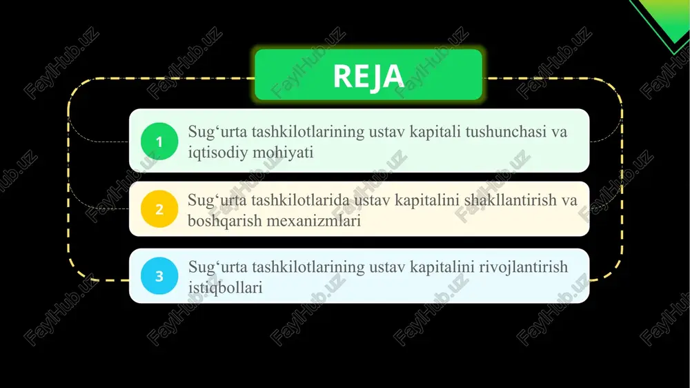 si va iqtisodiy mohiyati ustav kapitalini shakllantirish jarayoni muassislarning ulushlarini aniqlash, moliyaviy mablag‘larni jamlash va ularni qonuniy ro‘yxatdan o‘tkazish bosqichlarini o‘z ichiga oladi. sug‘urta kompaniyalarining ustav kapitali, odatda, pul mablag‘lari, moddiy aktivlar va boshqa moliyaviy resurslar hisobiga shakllantiriladi. kapitalni boshqarishning samarali tizimi kompaniyaning moliyaviy barqarorligini saqlab turishda muhim ahamiyat kasb etadi. ustav kapitali miqdori nafaqat sug‘urta faoliyatining hajmini, balki ko‘rsatiladigan xizmatlar turlarini ham belgilab beradi. o‘zbekiston sug‘urta bozorida ustav kapitalini ko‘paytirish jarayonlari raqamli texnologiyalar va yangi investitsion mexanizmlar orqali amalga oshirilmoqda. shu bilan birga, kapitalni boshqarishda davlat nazorati ham muhim rol o‘ynaydi. 1 kelgusida sug‘urta tashkilotlarining ustav kapitalini rivojlantirish mamlakat moliya tizimining barqarorligini yanada oshirishga xizmat qiladi. bugungi kunda global moliyaviy integratsiya sharoitida sug‘urta kompaniyalari kapitalining yetarliligi xalqaro reytinglarda muhim mezon sifatida baholanmoqda. 2 o‘zbekiston sharoitida bu yo‘nalishda xorijiy investitsiyalarni jalb qilish, yangi sug‘urta turlarini joriy etish va kapitalni diversifikatsiya qilish muhim ahamiyatga ega. shuningdek, ustav kapitalini oshirish orqali sug‘urta …