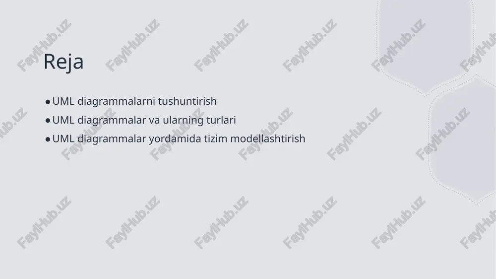 ko'rsatiladi. 3 vizual tushunish uml diagrammalari vizual tarzda murakkab tizimlarni tushunishni osonlashtiradi, bu esa dasturlash jarayonida yanada samarali qarorlar qabul qilish imkonini beradi. uml diagrammalar: asosiy tushunchalar va ularning ahamiyati. 01 uml tushunchasi uml (unified modeling language) dasturiy ta'minot tizimlarini modellashtirishda asosiy tushunchalar va qoidalarni belgilovchi grafik til hisoblanadi. 02 ahamiyati uml diagrammalari tizim arxitekturasini aniq va tushunarli ko'rsatib, dasturchilar va loyiha menejerlariga yaxshi muloqot qilish imkonini beradi. 03 tizim modellashtirish uml diagrammalari tizimning tashqi va ichki tuzilishini ko'rsatib, murakkab tizimlarni tushunishga yordam beradi, natijada yanada samarali yechimlar ishlab chiqiladi. 04 loyiha boshqaruvi uml diagrammalari loyiha boshqaruvida muhim rol o'ynaydi, chunki ular loyiha jamoasining hamkorligini va maqsadlarni aniqlashni osonlashtiradi. uml diagrammalar: turlari va ularning foydalanish sohalari. 01 uml diagrammalarining turlari uml diagrammalari bir necha turlarga bo'linadi, jumladan, klass diagrammalari, aktivlik diagrammalari va holat diagrammalari. har biri o'ziga xos maqsad va struktura bilan ajralib turadi. 02 klass diagrammalari klass diagrammalari ob'ektga …