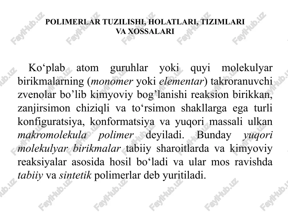 lar soni n bilan belgilanadi va polimerlanish darajasi (pd) deyiladi. aynan sintetik polimer polietilen uchun quyidagi monomer asosidagi formula o‘rinli bo‘ladi [–ch2 – ch2 –]n shuningdek, tabiiy polimerlar tipik vakili polisaxarid sellyuloza uchun odatda zvenoning nisbiy molekulyar massasi (mo) deb belgilanadi va n bo‘yicha polimerning nisbiy molekulyar massasi (m), ya’ni m = nmo topiladi. bunda n ning miqdori bir necha donadan 10000 va undan ortiq bo‘lishi mumkin. demak, n ga, ya‘ni polimerlanish darajasiga bog‘liq holda polimerning molekulyar massasi turlicha bo‘ladi va shartli ravishda quyidagi toifalarga bo‘linadi: m = 500 ÷ 10000 bo‘lsa oligomer, undan yuqori m = 10000 ÷ 50000000 bo‘lsa yuqori molekulyar birikma deyiladi. yuqori molekulyar birikmalar odatda molekulyar massalarga nisbatan quyi molekulyar massali (m = 10000 ÷ 50000), o‘rtacha molekulyar massali (m = 50000 ÷ 5000000), yuqori molekulyar massali (m = 5000000 ÷ 50000000) deb yuritiladi. polimerlar molekulasida bir xil monomerlar takrorlanib kelsa, bunday birikma gomopolimer, agar har …