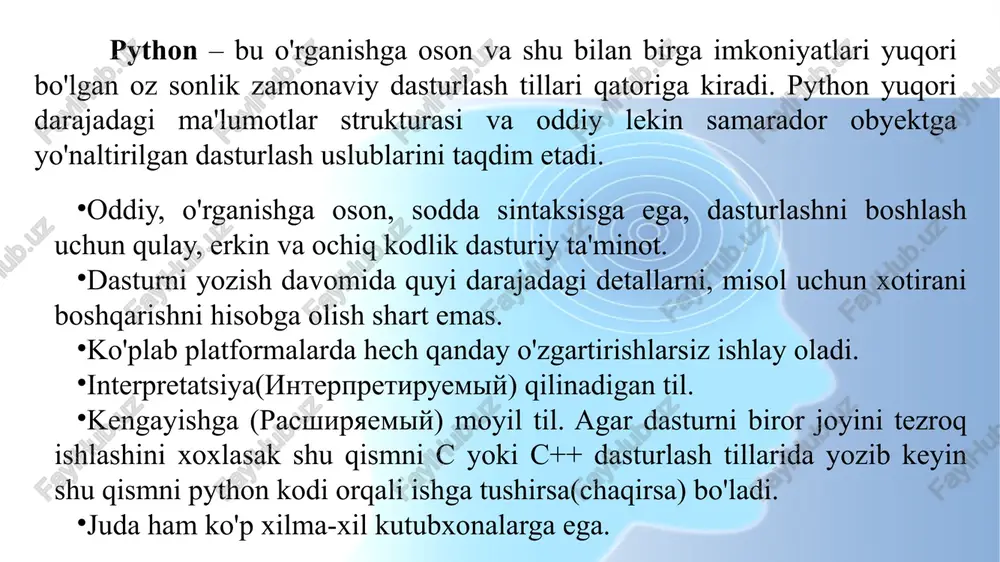 d disklardan birini tanlaymiz va o’rnatishni boshlaymiz. python o’rnatilgandan keyin bir necha sekunddan so’ng quyidagi oyna namoyon bo’ladi. bunda console rejimida dastur ishga tushib pip kutubxonasini qo’shadi. dastur o’rnatilgandan so’ng windows yoki poisk tugmasi orqali python so’zini yozib enterni bosish orqali dasturni qidiramiz. natijada idle (python) chiqadi va uni ichiga kirib olamiz. integrated development and learning environment (idle)-ya’ni, python uchun zarur bo’lgan integratsiyalashgan dasturlash muhiti. agarda siz python dasturini o’rnata olmasangiz quyidagi sayt orqali kodlarni yozish mumkin. https://replit.com/-online - ishlash sahifasi va barcha kutibxonalarni o’zi chaqirib oladi. o'zgaruvchilar nomlashda katta va kichik registrlar farqlanadi. masalan, myname va myname – bular boshqa-boshqa o'zgaruvchi hisoblanadi. o'zgaruvchilarni to'g'ri nomlashga misollar: i, _my_name, name_23, a1b2_c3 o'zgaruvchilarni noto'g'ri nomlashga misollar: 2things, ' ', my-name, >a1b2_c3 va “o'zgaruvchi qo'shtirnoqda" interfaol muhitida yuz bergan xatolik va uni tuzatish. ba’zan yo‘l qo‘yilgan xatolik interfaol muhitda qizil rang bilan namoyon bo‘ladi. bunday xatolik dasturning ishga tushishiga to‘sqinlik qiladi. 1. …