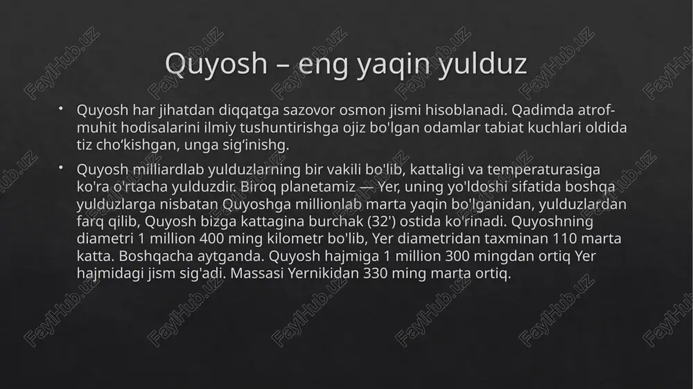 a bir marta to'la aylanib ulguradi. ravshanligi jihatidan quyosh va oydan keyin turadigan bu planeta juda qadimdan kishilar diqqatini o'ziga tortib, qo'zg'almas yulduzlar fonida harakatlanishi birinchi bo'lib sezilgan «adash- gan» yoritgichdir. shuning evaziga u «tong yulduzi» deb nom olgan. 1610-yildayoq g. galiley o'zi yasagan teleskopda uni kuzatib, veneraning ham oy kabi turli fazalarda bo'lishining guvohi bo'ldi. bu hodisa venera ham oy kabi sferik shakldagi osmon jismi ekanligining dastlabki isboti edi. veneraning kattaligi salkam yernikicha bo'lib, diametri 12 ming 100 kilometrni tashkil qiladi. yer — planeta yer quyoshdan uzoqligi bo'yicha uchinchi o'rinda turuvchi planeta bo'lib, yer rusumidagi planetalar ichida eng yirigi hisoblanadi. yer osmonda juda chiroyli ko'rinish olishini, uning oy sirtidan olingan rasmi to'la tasdiqlaydi. planeta- mizning ekvatorial radiusi 6378 kilometr. yer, quyosh atrofida sekundiga taxminan 30 kilometr tezlik bilan harakatlanib, 365,24 kunda uning atrofida bir marta to'la aylanib chiqadi. plane- tamizda bir yilda to'rt faslning kuzatilishi sababi yer o'qining orbita …