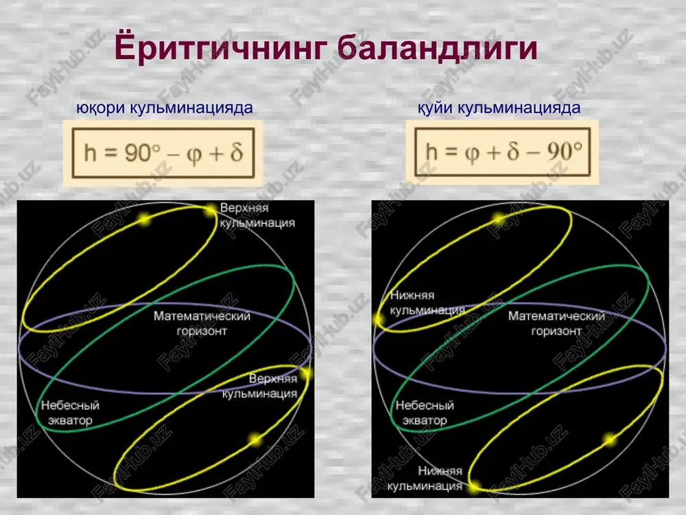 ksimon). ekvatorga tomon radius 6378 km qutbga tomon radius 6356 km o’rtacha radius 6371 km bosiqligi 0.0034 bosiqlik e = (a-b)/a, bu yerda a – katta, b – kichik yarimo‘q yerning shakli - geoid yerning shakli - geoid yerning o‘z o‘qi atrofida aylanishi - passatlarning (tropik sohalarda ekvatorga tomon shamol) shimoliy yarimsharda shimoli-sharqdan esishi va janubiy yarimsharda janubi-sharqdan esishi; - yerning shimoliy yarimsharida daryo qirg‘oqlarining o‘ng tomoni, janubiy yarimsharida esa – chap tomoning yuvilishi; - siklonlarning janubdan shimolga harakatlanishida yo‘lining sharqqa tomon to‘silishi; - erkin tushayotgan jismning sharqqa tomon og‘ishi; - fuko mayatnigi (1851 yil). yer garbdan sharqqa tomon harakatlanadi yer sferoid shaklida. l moddiy nuqtaning sferoid ichida ajratilgan sharga ta’siri f f1 ekvatorial radiuschalik yaqinroq, f2 ekvatorial radiuschalik uzoqroq. f1 kuch f2 ga qaraganda kattaroq, shuning uchun l tortish kuchi sferoidning o‘qi pn-ps ni burishga (soat strelkasiga qarama-qarshi) harakat qiladi. bunda sferoidning ekvator tekisligi tl yo‘nalish bilan mos tushadi. …