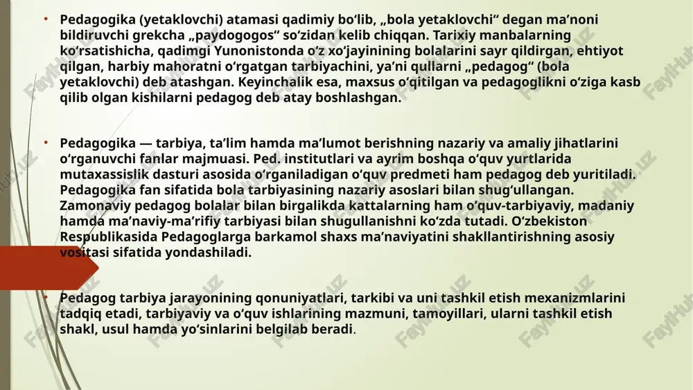 ‘z tajribalarini yetkazishi, ularni ertangi xayotga tayyorlashi lozim. xaqiqatdan xam bola dunyoga kelar ekan, o‘z zamonasining jamiyat rivojlanganlik darajasiga ko‘tarilishi, oldida turgan ijtimoiy tarixiy tajribalarni egallashi, xayotda o‘z o‘rnini topishi, milliy taraqqiyotda faol ishtirok etishi, boshqacha qilib aytganda ta’lim-tarbiya olishi zarur. kelajak–yoshlarniki. o‘zbekistonning xar tomonlama taraqqiy etishi ko‘p jixatdan yoshlarga, ularning barkamol avlod bo‘lib yetishishiga bog‘liqdir. shuning uchun xam yoshlar ta’lim-tarbiyasiga davlatimiz, xalqimiz, xar bir ota-ona, o‘qituvchi va tarbiyachilar jiddiy e’tibor berishlari lozim bo‘lmoqda. pedagogika haqida ilk fikrlar falsafa, diniy ilmlar tizimida, siyosatshunoslikda, huquqshunoslikda adabiyotda rivojlandi. xii-asrning boshida alohida ilm boʻlim ajralib chiqdi. f.bekon va ya.komenskiylarning kitoblarida pedagogikaning rivojlanishiga katta hissa qoʻshilgan. ularning izidan d.lokk, jan jak russo, i.pestalotssi, i.gerbard, a.disterverglar oʻz hissalarini qoʻshihadi. oʻrta asrlarda yoshlarga bilim berish va tarbiyalash diniy markazlarning qoʻlida boʻldi. keyinchalik gil'deylik maktablar ochila boʻshalndi. ta’lim-tarbiya kishilik jamiyati paydo bo‘lganidan buyon mavjuddir. ibtidoiy jamoa davrida ta’lim-tarbiyaga kuyidagilar kirgan. yashash uchun zarurbo‘lgan maxsulotlarni qo‘lga kiritish jarayonida …