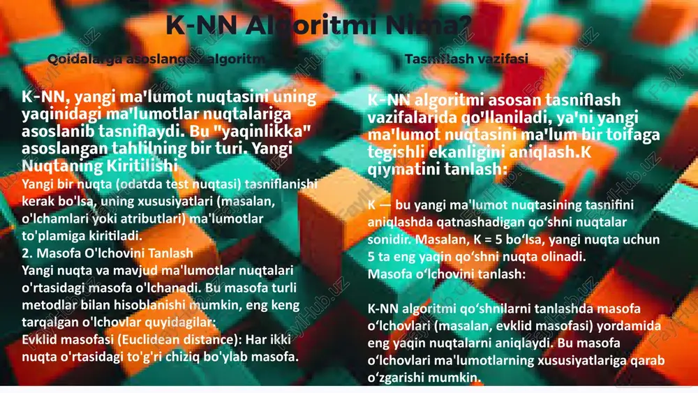 aydi. bu masofa o‘lchovlari ma'lumotlarning xususiyatlariga qarab o‘zgarishi mumkin. k-nn algoritmi qanday ishlaydi? 1 1. ma'lumotlar to'plami avval, ma'lumotlar to'plami bilan o'qitiladi. har bir ma'lumot nuqtasi ma'lum bir toifaga tegishli bo'lishi kerak. 2 2. yangi nuqta keyin, yangi ma'lumot nuqtasi o'qitish to'plamiga kiritiladi. algoritm bu nuqta qaysi toifaga tegishli ekanligini aniqlashi kerak. 3 3. eng yaqin qo'shnilar k-nn algoritmi k ta eng yaqin qo'shnini topish uchun masofa metrikalarini ishlatadi. yaqinlik masofa bilan o'lchanadi. 4 4. toifani aniqlash keyin, k ta eng yaqin qo'shnilarning toifalari hisobga olinadi va yangi nuqtaning toifasi ovoz berish orqali aniqlanadi. k-nn algoritmi qaysi hollarda qo'llaniladi? tasnif tasnif vazifalari: spamingni aniqlash, tasvirlarni tasniflash, tibbiy diagnostika. regresiya regresiya vazifalari: narx bashorati, talab bashorati, ob-havo bashorati. tavsiflash tavsiflash vazifalari: mijozlarni segmentlash, mahsulotlarni tavsiflash. k-nn algoritmi ustunliklari 1 soddaligi k-nn algoritmi tushunish va amalga oshirish uchun nisbatan oson. 2 ko'p qirrali k-nn turli xil ma'lumotlar to'plamlari va vazifalarga qo'llanilishi mumkin. …