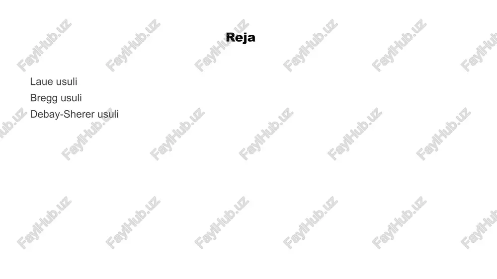 lf-bregg shartini qanoatlantiradigan monokristallar bo‘ladi. agar kristallga tushayotgan rentgen nurlari yo‘nalishiga fotoplastinka qo‘yilsa, qaytgan nurlar fotoplastinkada xalqa shaklidagi izlar qoldiradi. turli sirtlar tizimidan qaytishlar bir vaqtda sodir bo‘ladi va fotoplastinkada xalqalar tizimi paydo bo‘ladi. tajriba geometriyasini, tushayotgan rentgen nurlari to‘lqin uzunligini va fotoplastinkada xalqalar joylashishini bilgan holda monokristallning tuzilishi yoki monokristall tuzilishi ma’lum bo‘lganda, rentgen nurlar to‘lqin uzunligi to‘g‘risida ma’lumot olish mumkin. debay-sherer usuli yordamida rentgenogramma olish sxemasi: 1 - rentgen trubkasi, 2 - monoxromatik rentgen nurlari dastasi, 3 - diafragma (tirqish), 4 - kristall, 5 - plyonka, 6-rentgen spektri. o - kristall orqali o`tgan rentgen nurlari qoldirgan iz. debay-sherer usuli (a) hamda bregg usuli (b) yordamida hosil qilingan difraksion manzaralarni solishtirish. nishon sifatida ammoniy sulfat [as, (nh4) 2so4] poroshogi (a) va as monokristalli (b) olingan. tasvirlar femtosekundli rentgen qurilmasi yordamida hosil qilingan/ e’tiboringiz uchun rahmat! qo`shimcha manbalar laue metodi bo`yicha http://jcrystal.com/steffenweber/ debay-sherer metodi bo`yicha https://encyclopedia2.thefreedictionary.com/debye-scherrer+method https://www.osapublishing.org/oe/fulltext.cfm?uri=oe-19-16-15506&id=221156 image1.jpeg image2.png image3.png …