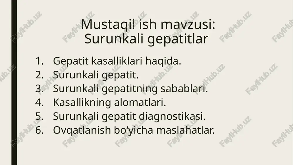 aharlanish oqibati boʻlsa, bemorni darhol kasalxonaga joylashtirish lozim. gepatitga chalingan bemor yotishi, jigar sohasini issiq tutishi kerak. bemor ovqatida oson hazm boʻladigan uglevod, oqsil va vitaminlar yetarli boʻlishi va yogʻ kam boʻlishi lozim. koʻproq hoʻl meva, sabzavot sharbati, qand-shakar, murabbo, asal, oq non, shuningdek, yengil hazm boʻladigan ovqatlar — shirguruch, shovla, sut, qatiq, pishloq va tvorog buyuriladi (sutli ovqatlar hamda tvorogda jigar hujayralarini yemirilishdan saqdaydigan moddalar bor). jigar funksiyasi kasallikdan keyin juda qiyinchilik bilan asliga keladi. surunkali gepatit surunkali gepatit – inson jigariga ta’sir qiladigan kasallikdir. u birinchi navbatda yallig’lanish jarayonini qo’zg’atadi, keyin esa nekrozga aylanadi. kasallik jarayoni 6 oydan ortiq davom etganda standart gepatit surunkali shaklga o’tadi. agar surunkali gepatitning bosqichi boshlang’ich bo’lsa, unda u hech qanday tarzda o’zini namoyon qilmaydi yoki alomatlar navbatma-navbat namoyon bo’ladi va tabiatan yengil boʻladi.oxirgi bosqichlarda jigar to’qimalarida oʻziga xos chandiqlar va uning keyingi sirrozini sezish mumkin. surunkali gepatitning sabablari kasallik b, c gepatitlarining …